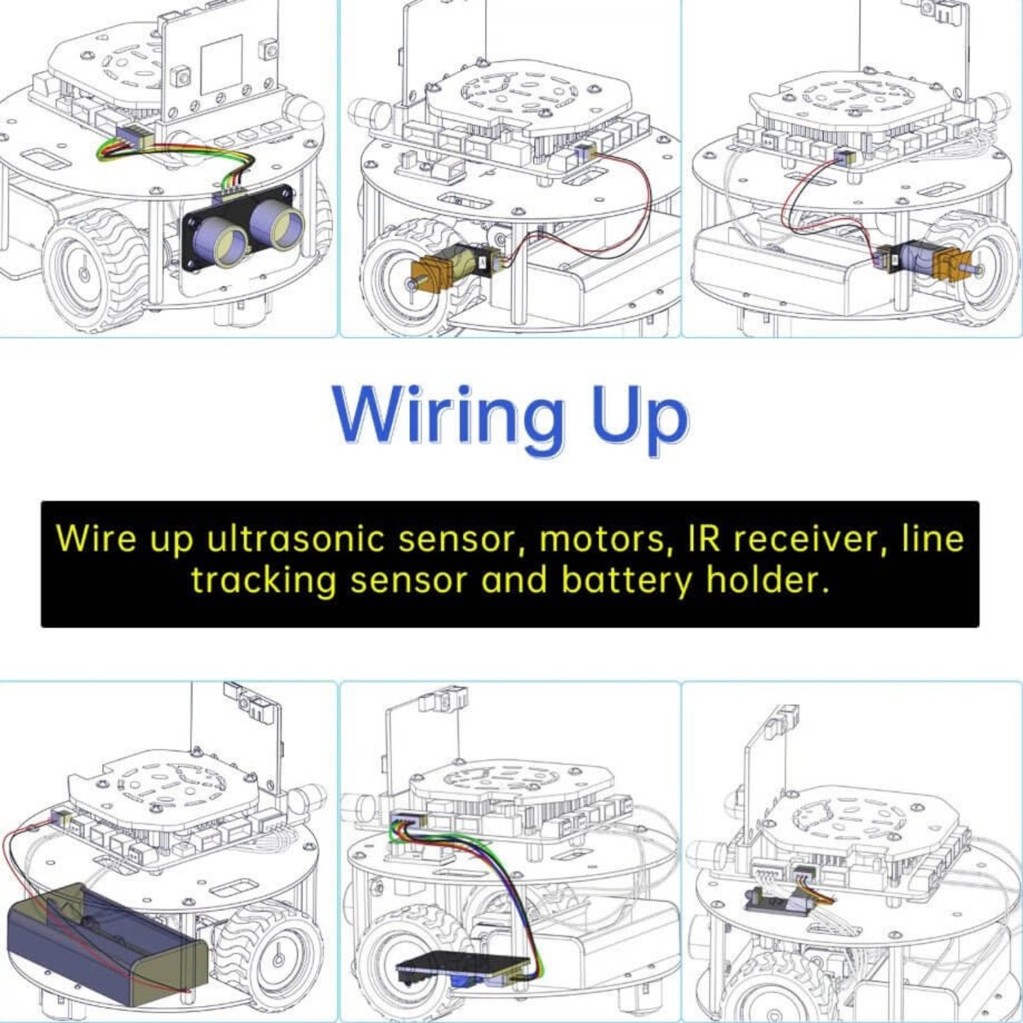Wiring guide for Keyestudio Mini Smart Turtle Robot, showing connections for sensors and battery holder.