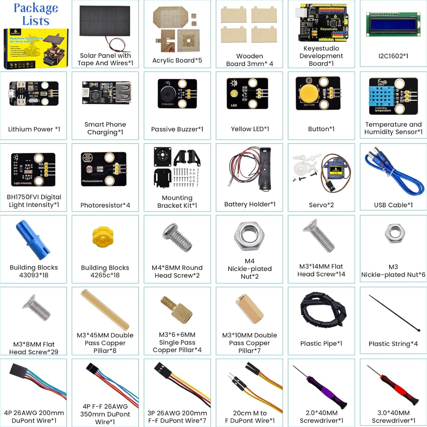 Complete package list of Keyestudio Solar Tracking Kit including boards, sensors, and tools.