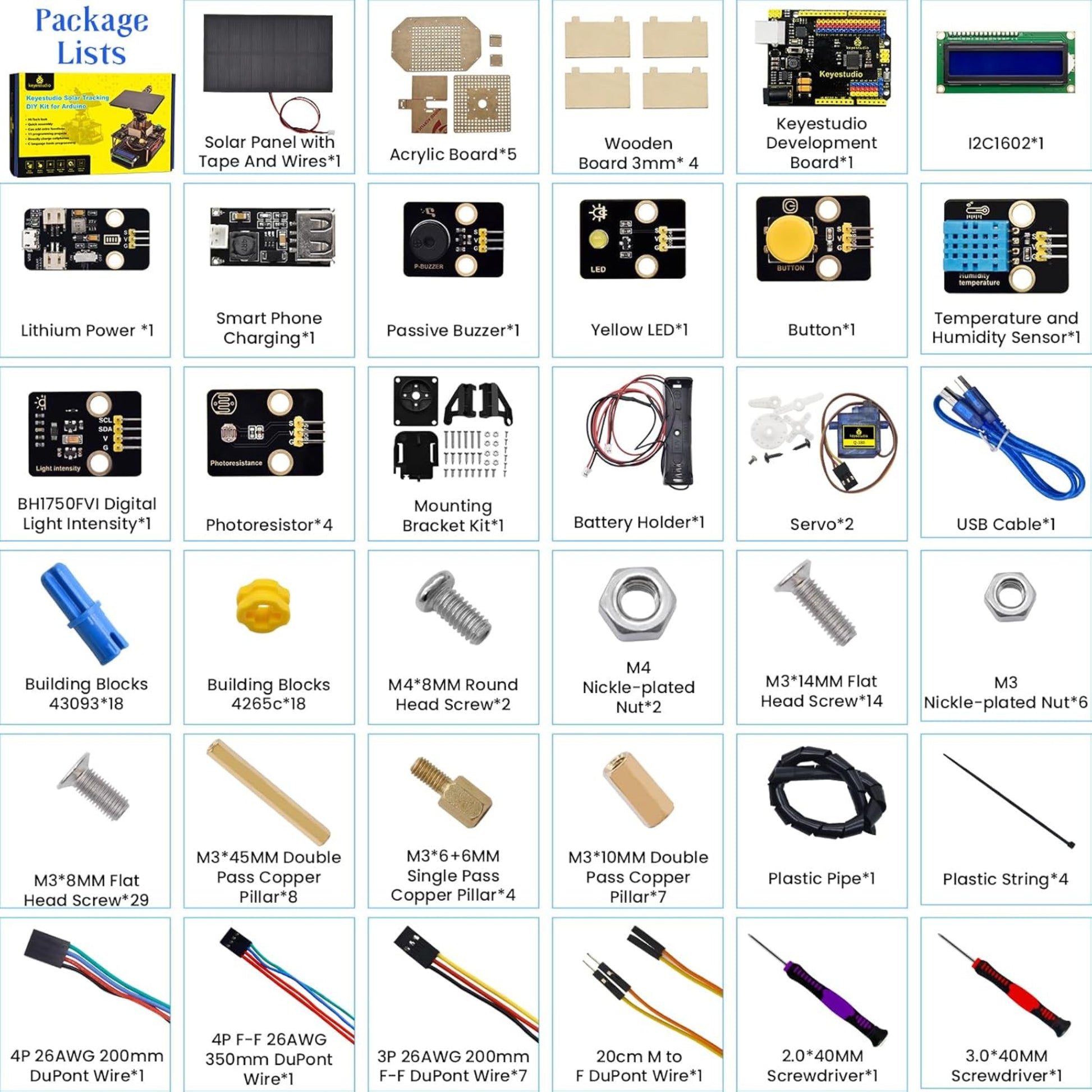 Complete package list of Keyestudio Solar Tracking Kit including boards, sensors, and tools.