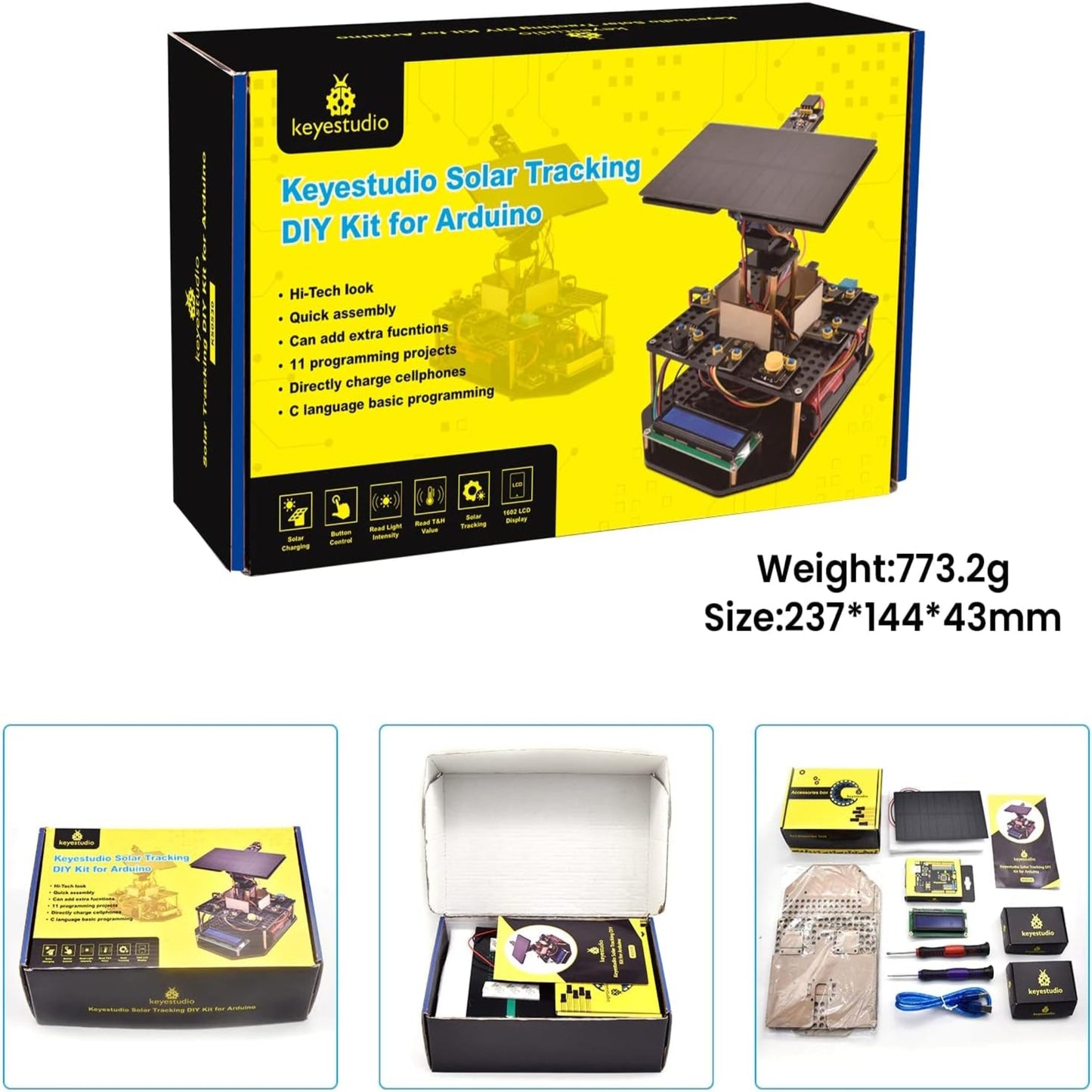 Retail box of Keyestudio Solar Tracking Kit with weight and size specifications.