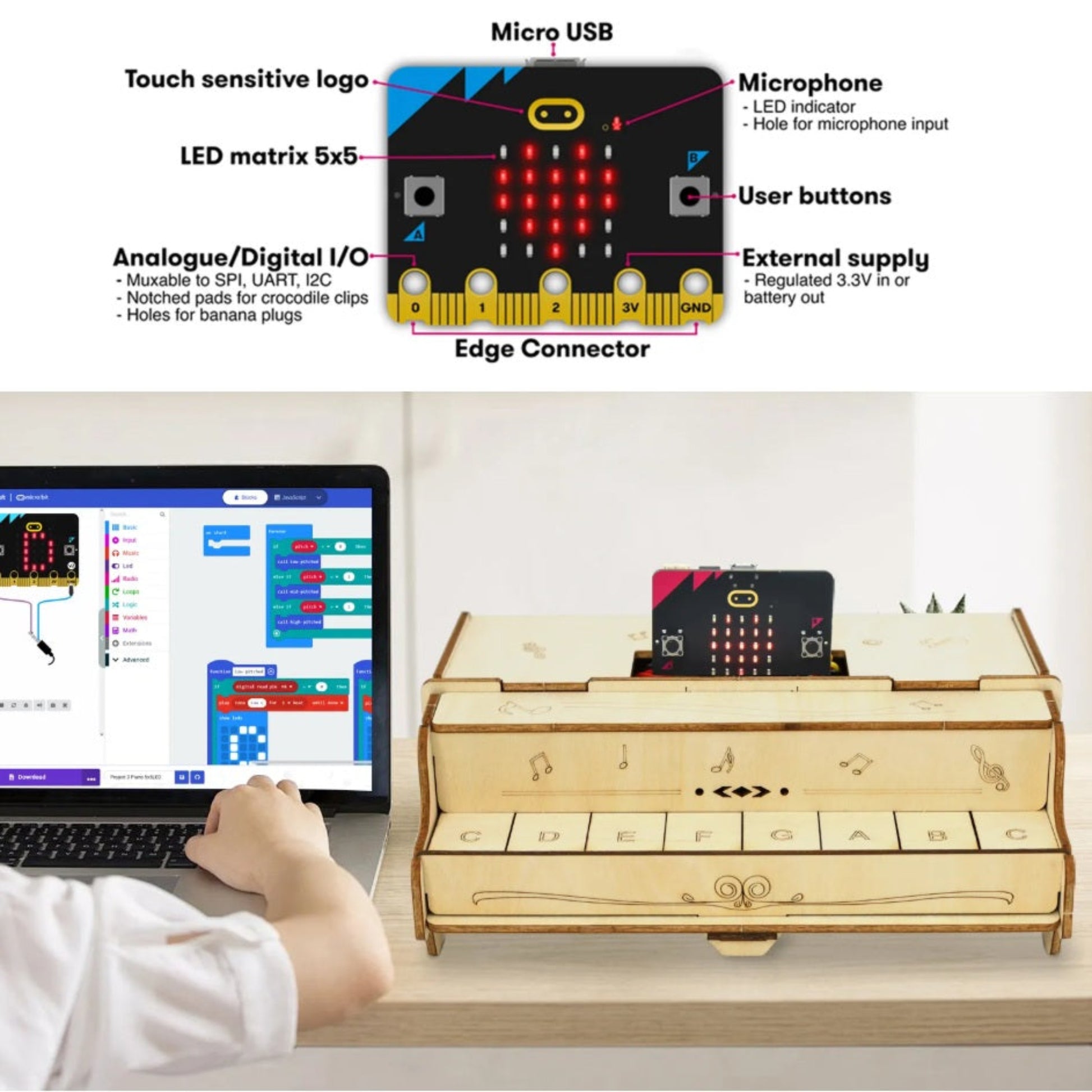 Overview of the Keyestudio STEM DIY Button Piano Kit connected to a laptop running MakeCode software.
