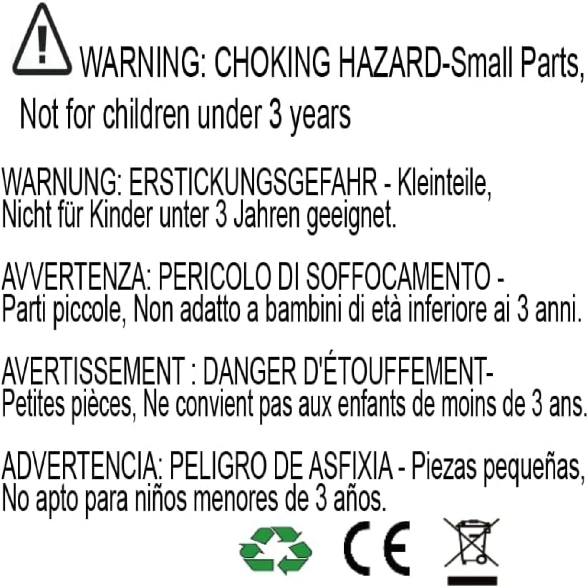 Warning label for choking hazard, not suitable for children under 3 years old, in multiple languages.