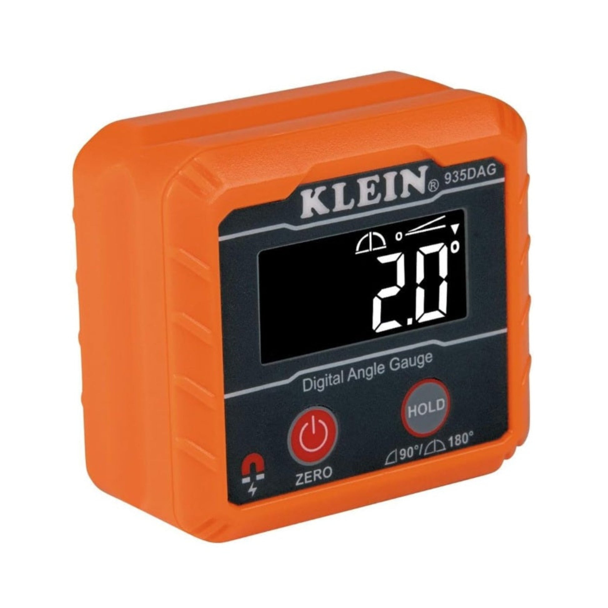 Klein Tools 935DAG Digital Angle Gauge with high contrast display showing 2.0 degrees.