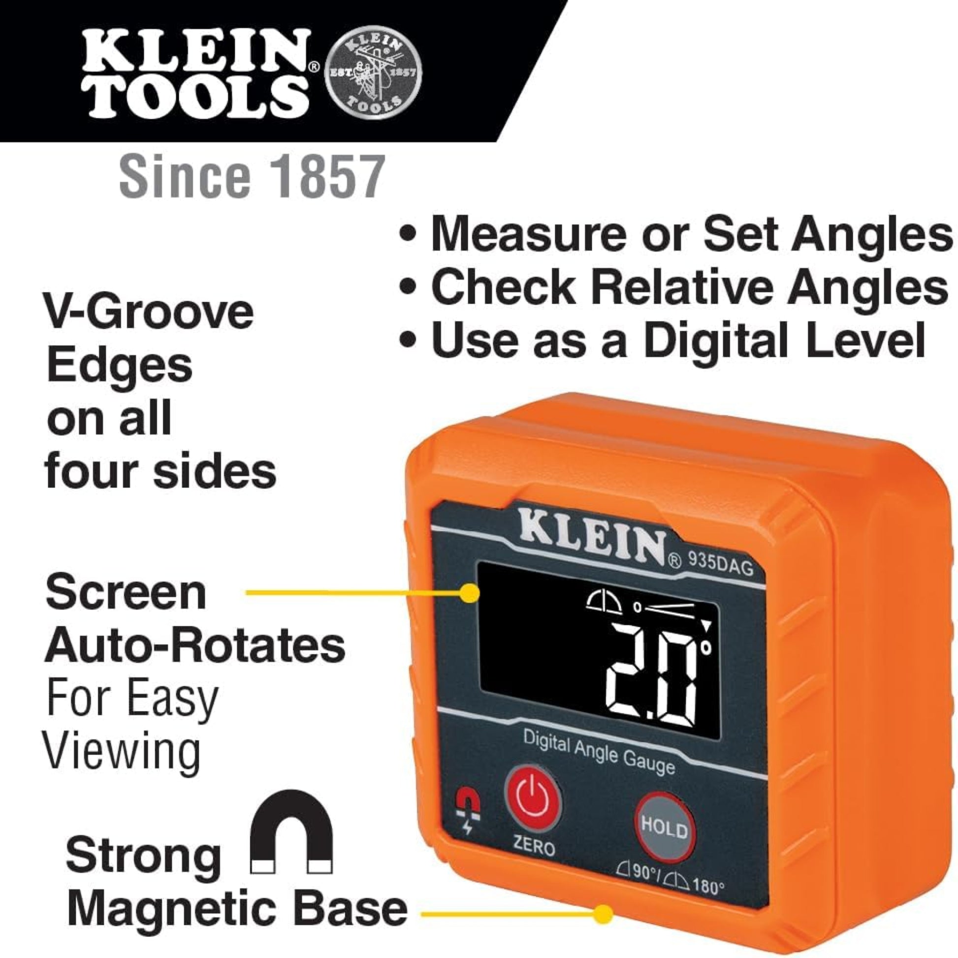 Infographic of Klein Tools 935DAG showing V-groove edges, auto-rotating screen, and magnetic base.
