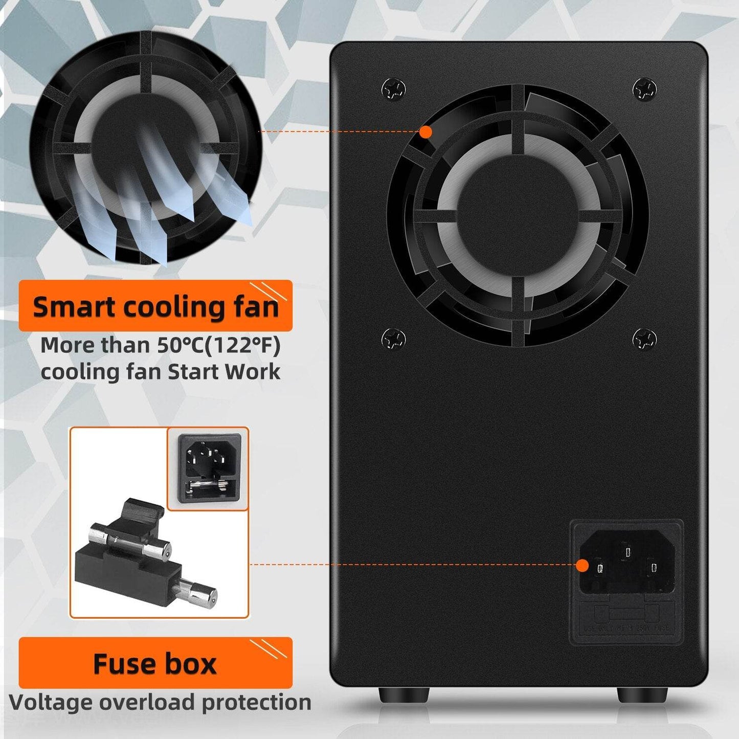 Image of SPS-C605 power supply showing smart cooling fan and fuse box for voltage protection.