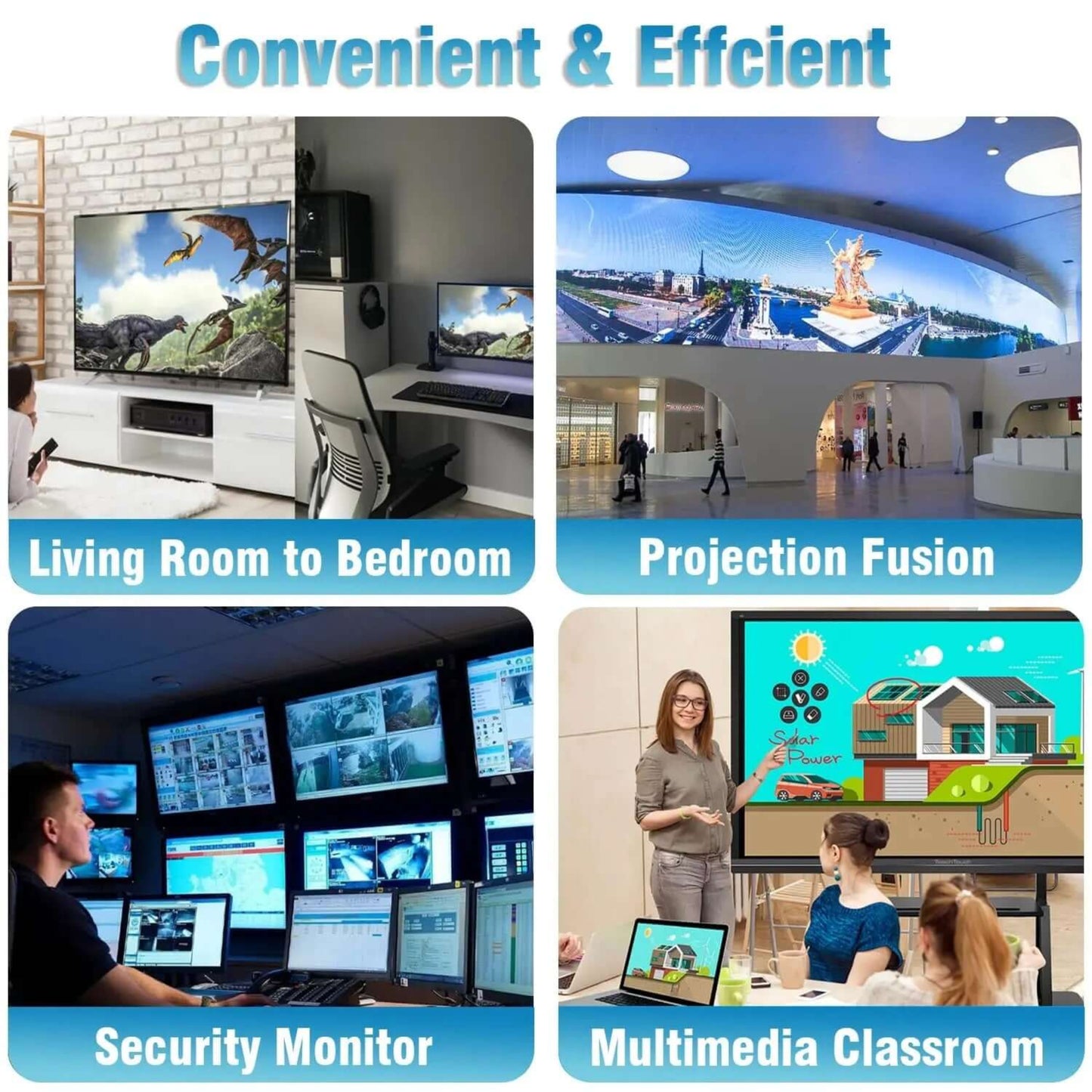 Collage of diverse setups: living room, projection fusion, security monitor, multimedia classroom for versatile usage.