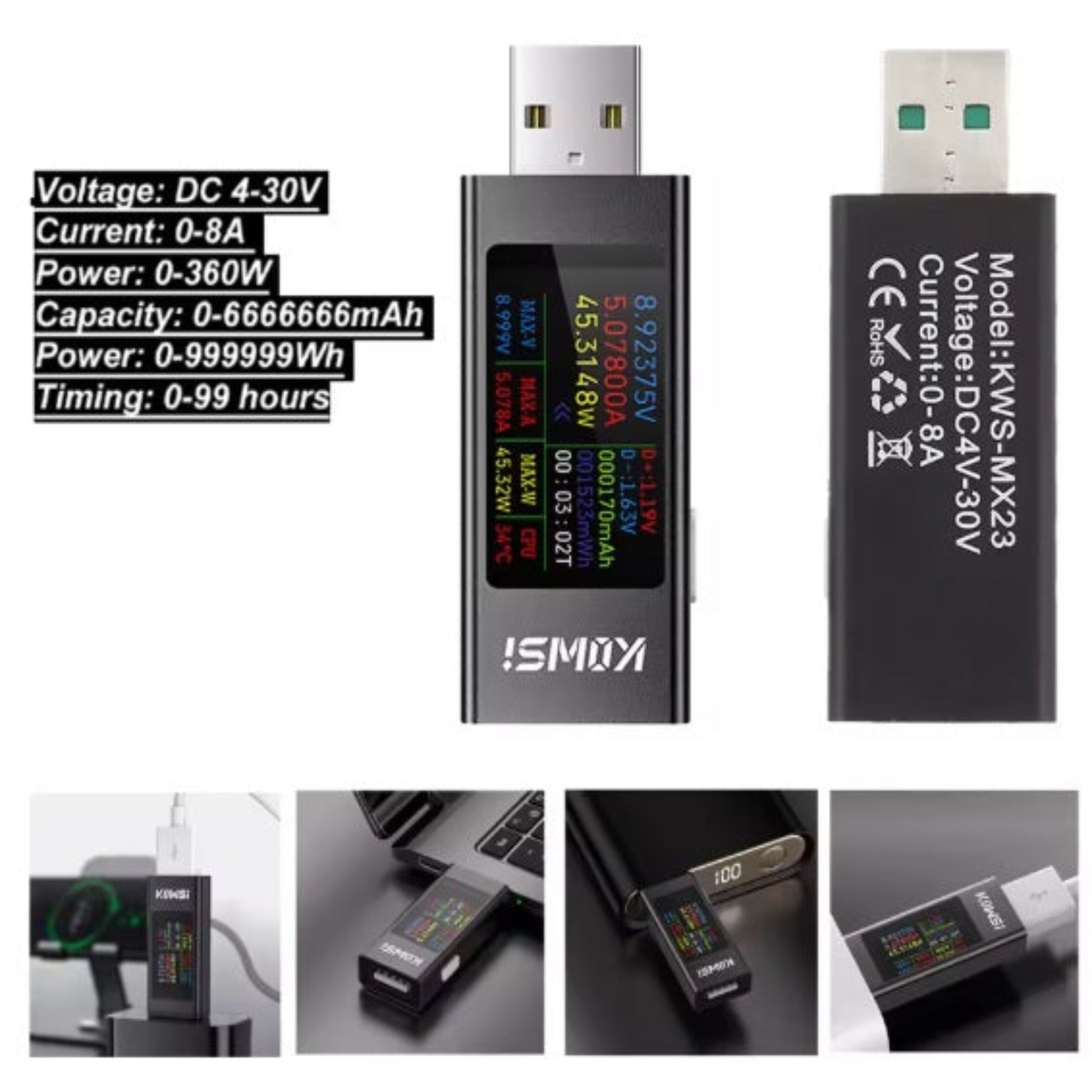 Front and back view of the KWS-MX23 USB tester detailing DC 4-30V voltage and 0-8A current specifications.