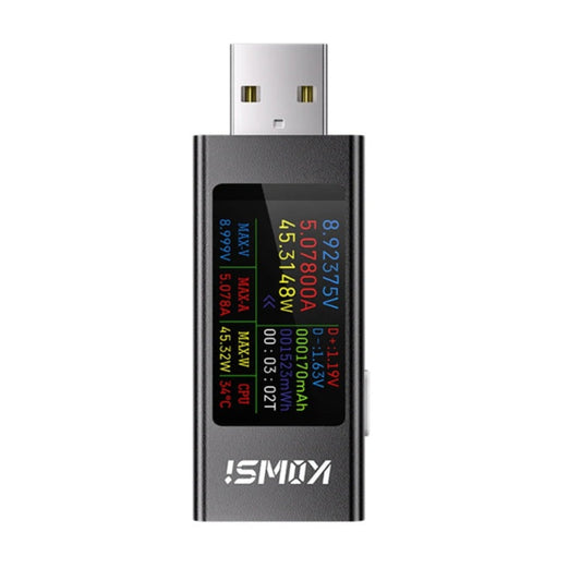 KWS-MX23 USB tester with 1.06 inch HD IPS color screen showing real-time voltage and current measurements.