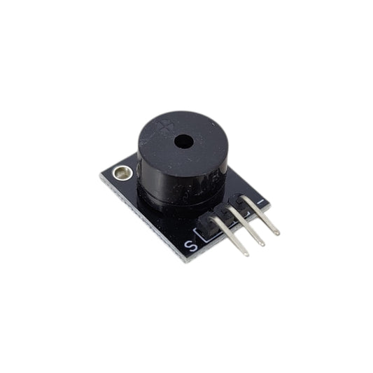 Front angled view of the KY-006 passive buzzer module showing the acoustic cylinder and 3-pin connector.