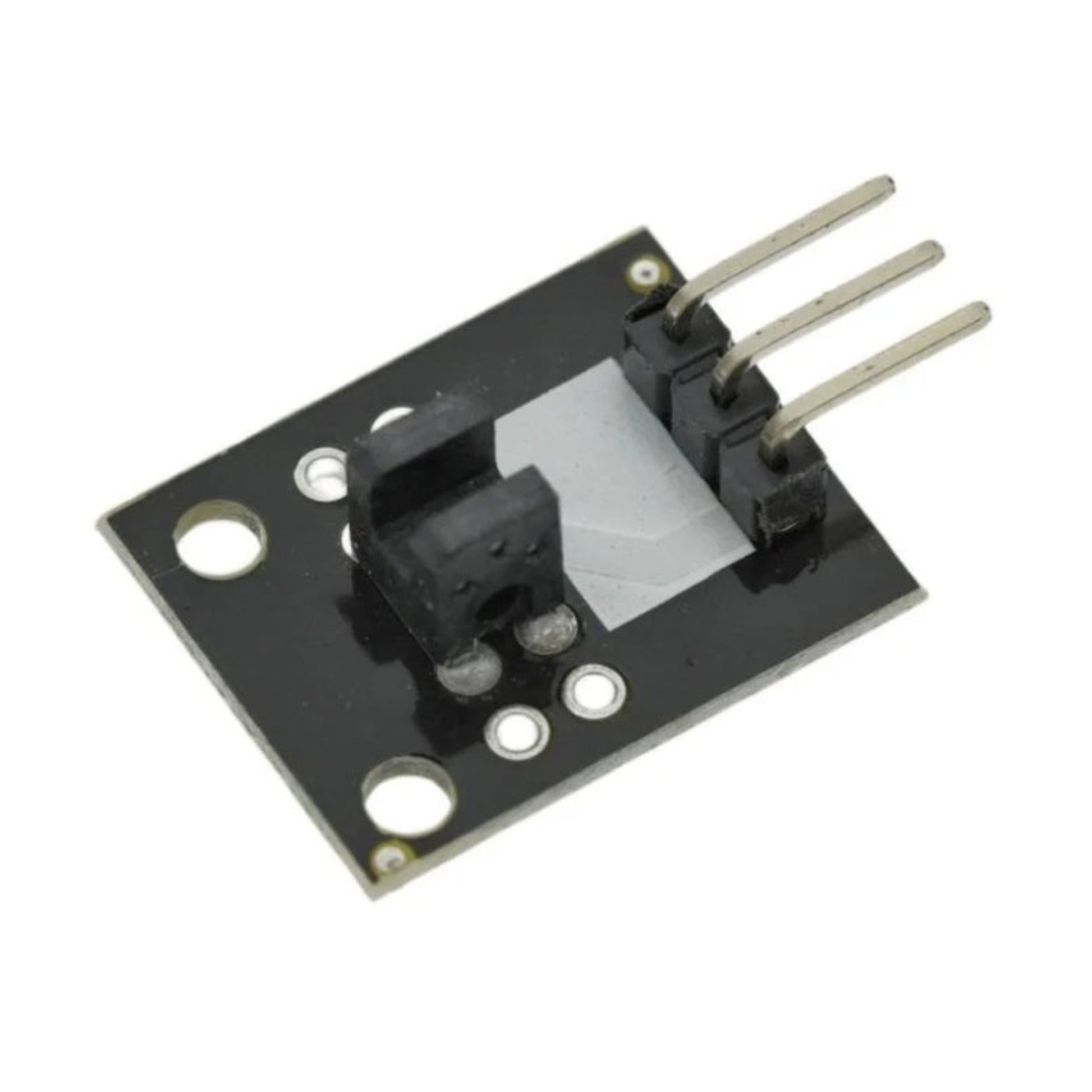 Angled view of the KY-010 light blocking module highlighting the GaAs infrared LED groove and compact black PCB.