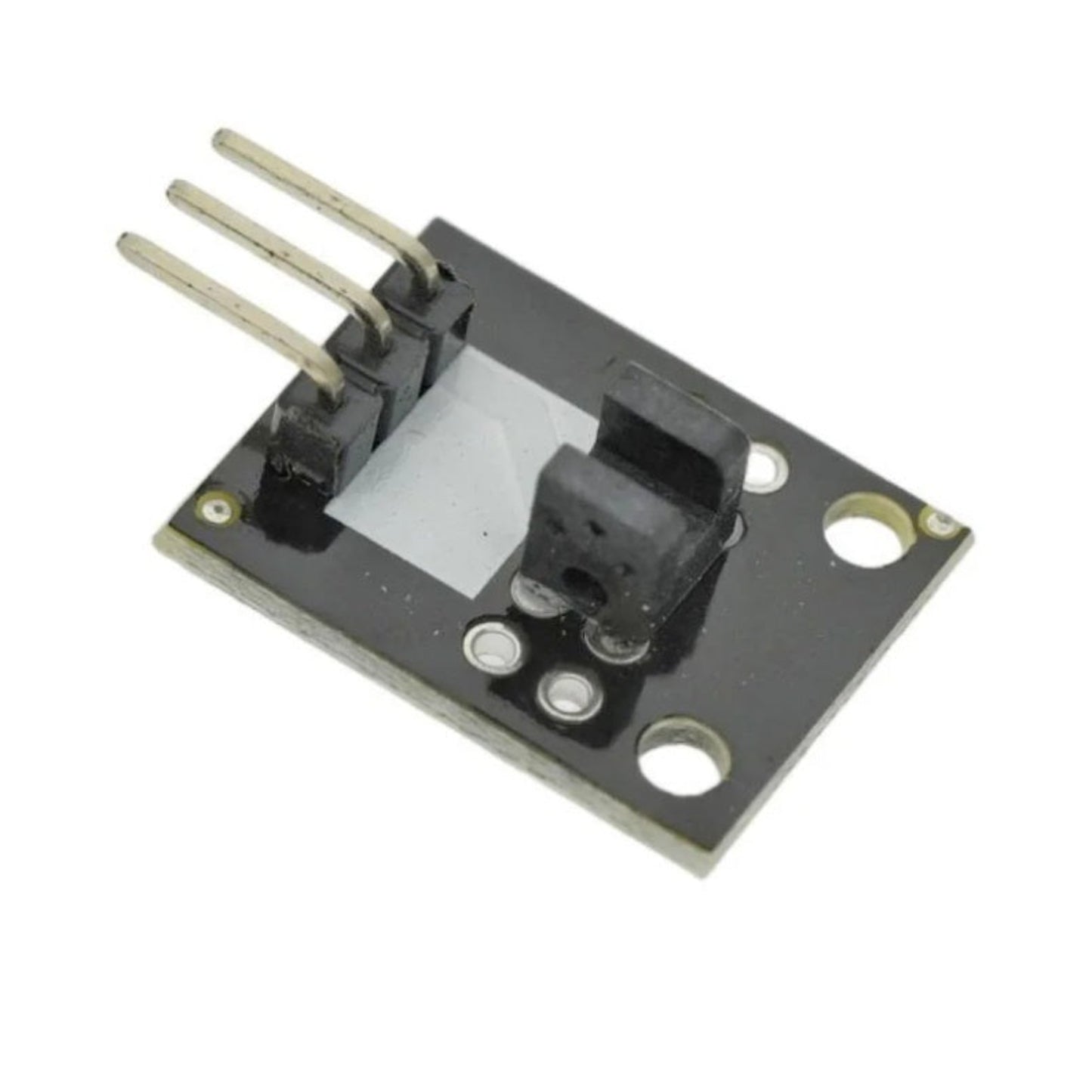 Front view of the KY-010 photo interrupter sensor module showing the U-shaped black optical component and 3-pin header.