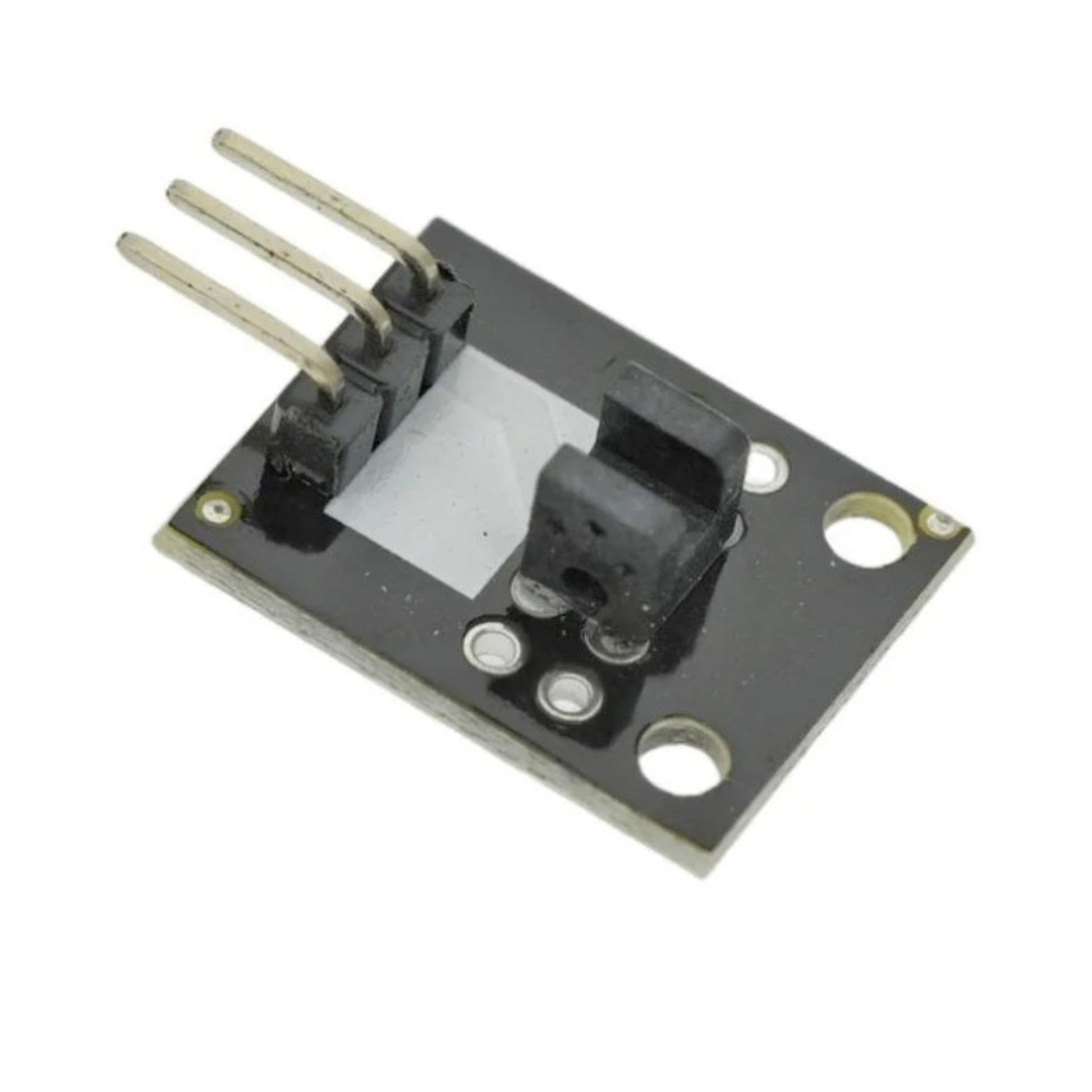 Front view of the KY-010 photo interrupter sensor module showing the U-shaped black optical component and 3-pin header.