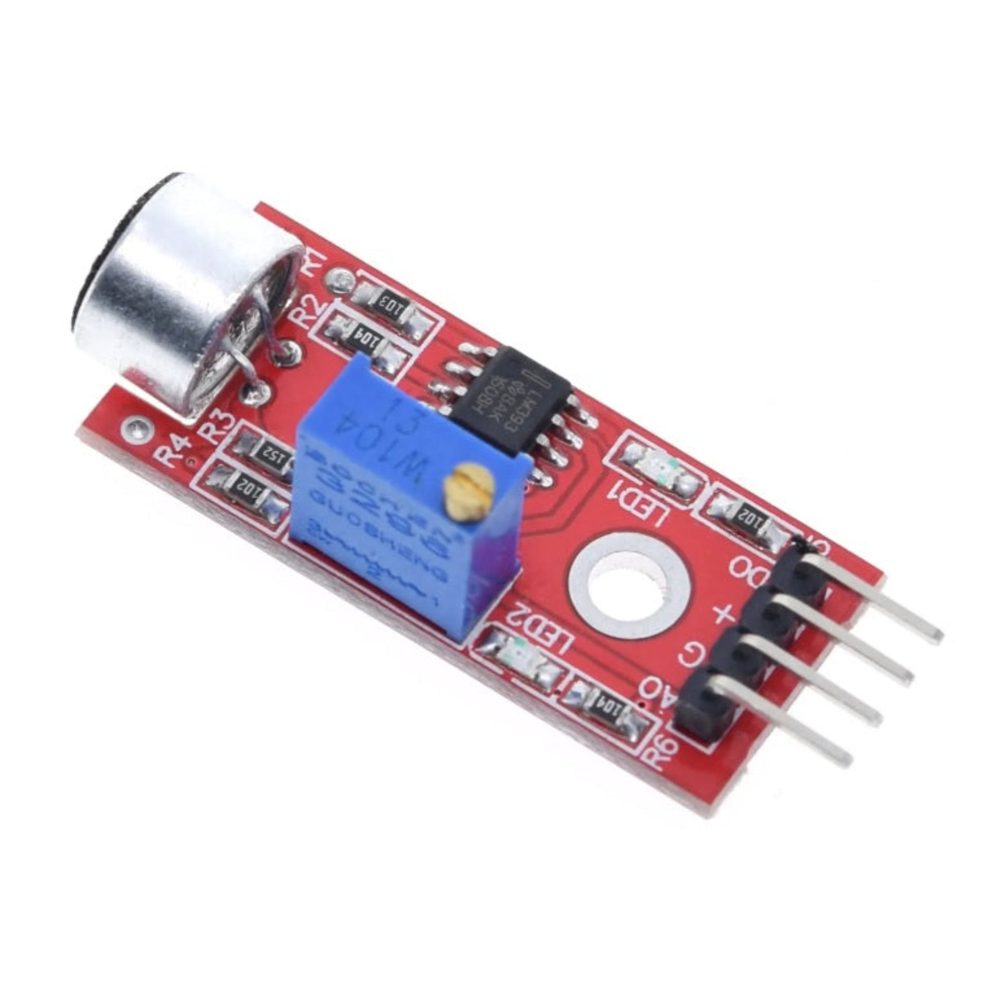 Close-up of the electret condenser microphone and the blue adjustable potentiometer on the KY-037 board.