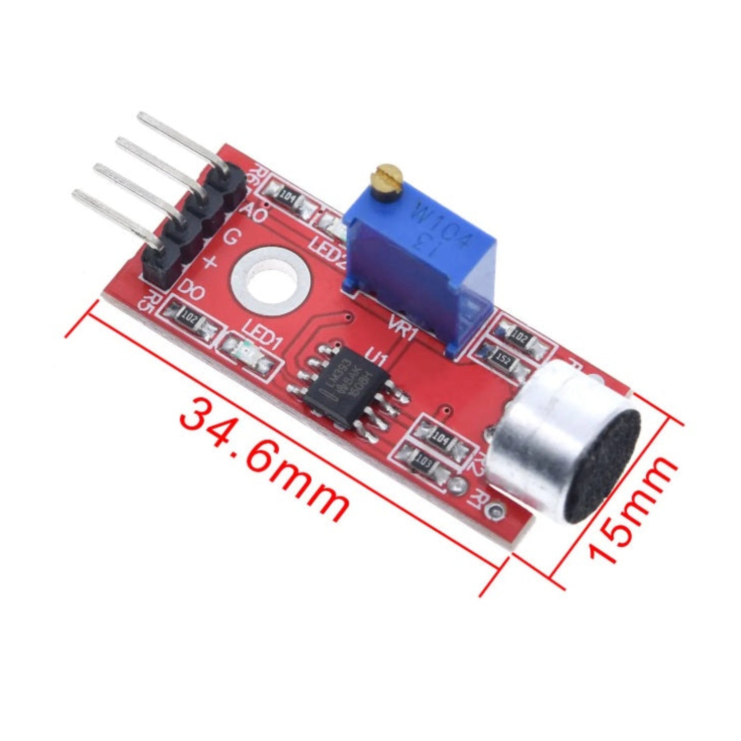 Size dimensions of the KY-037 sound sensor, measuring 34.6mm in length and 15mm in width.