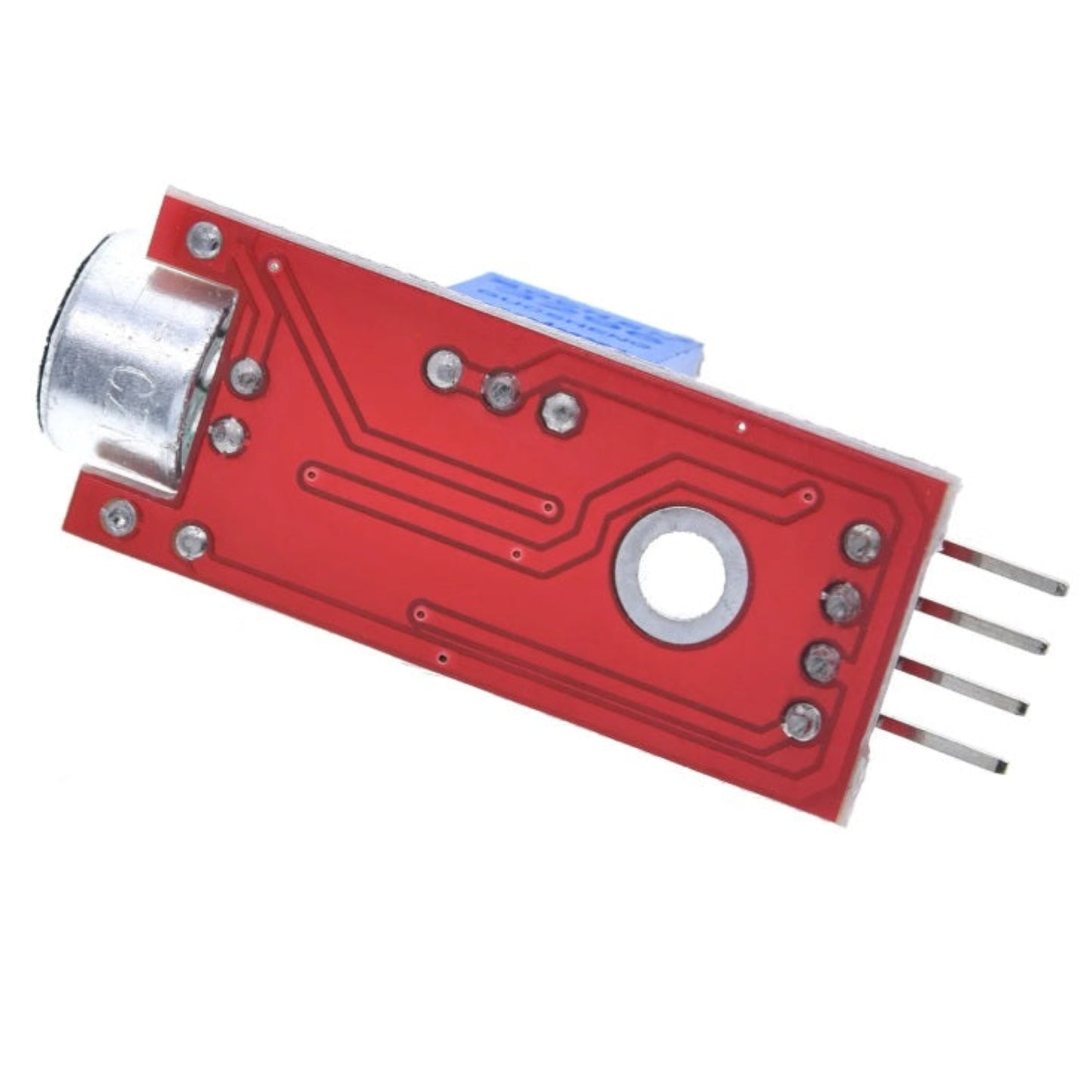 Bottom view of the KY-037 printed circuit board showing solder joints and the 3mm mounting hole.