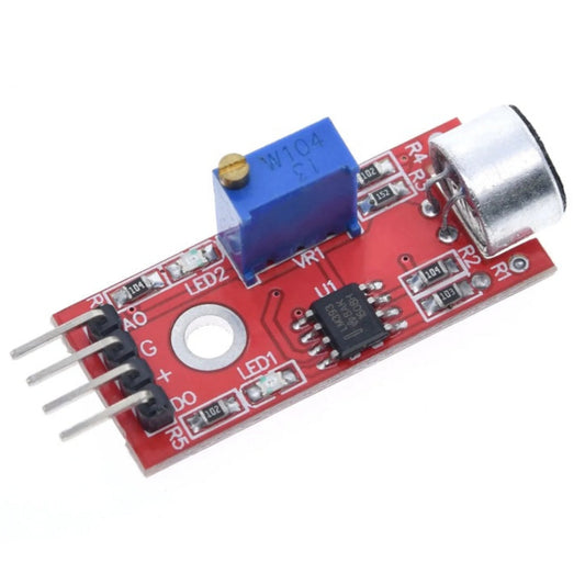 Top angle view of the KY-037 high sensitivity sound microphone sensor module featuring the LM393 chip.