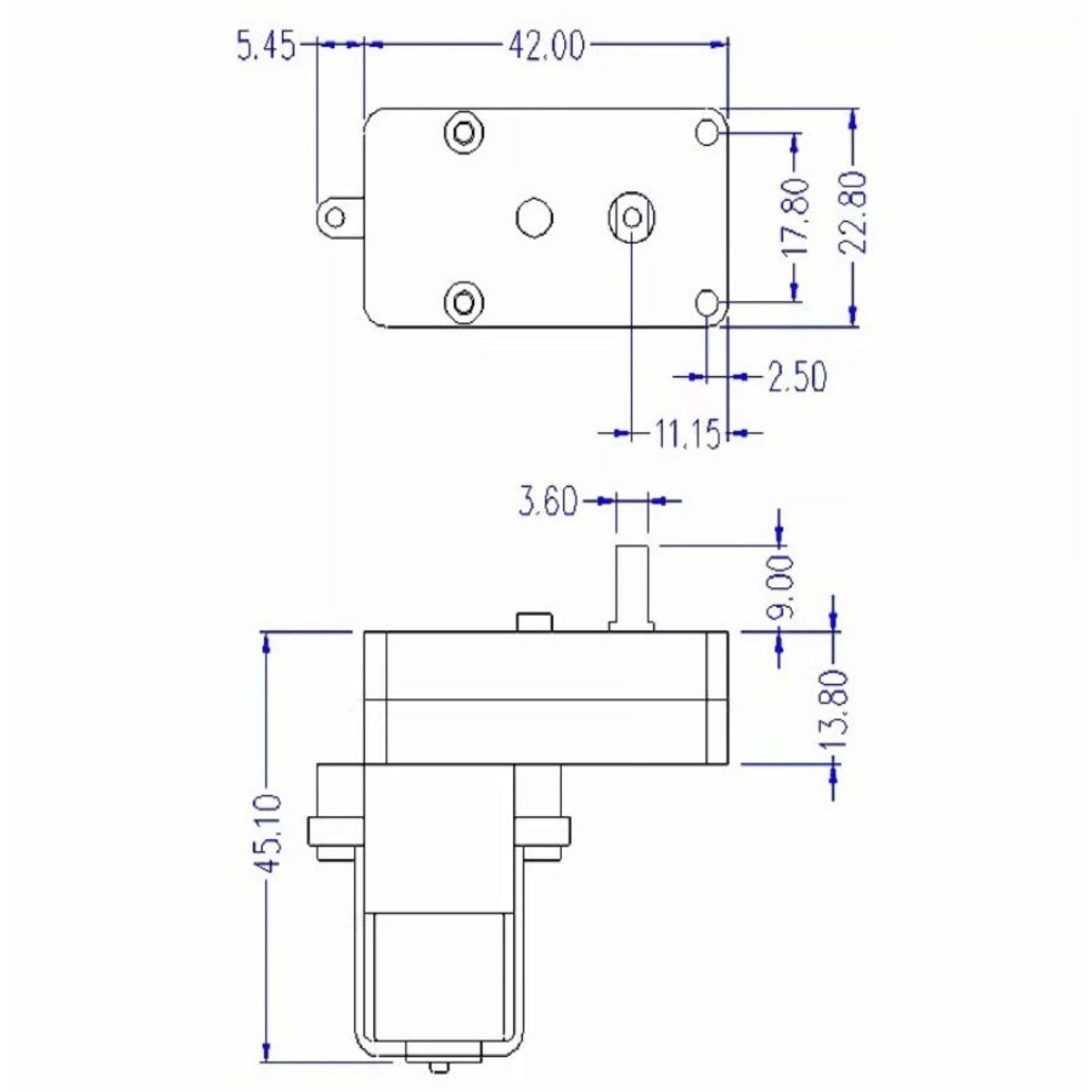 Blueprint and dimension measurements of the L-shaped 3-6V DC gear motor.