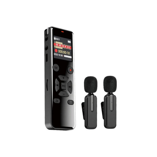 L691 Digital Voice Recorder with two wireless lavalier microphones for high-quality audio recording.