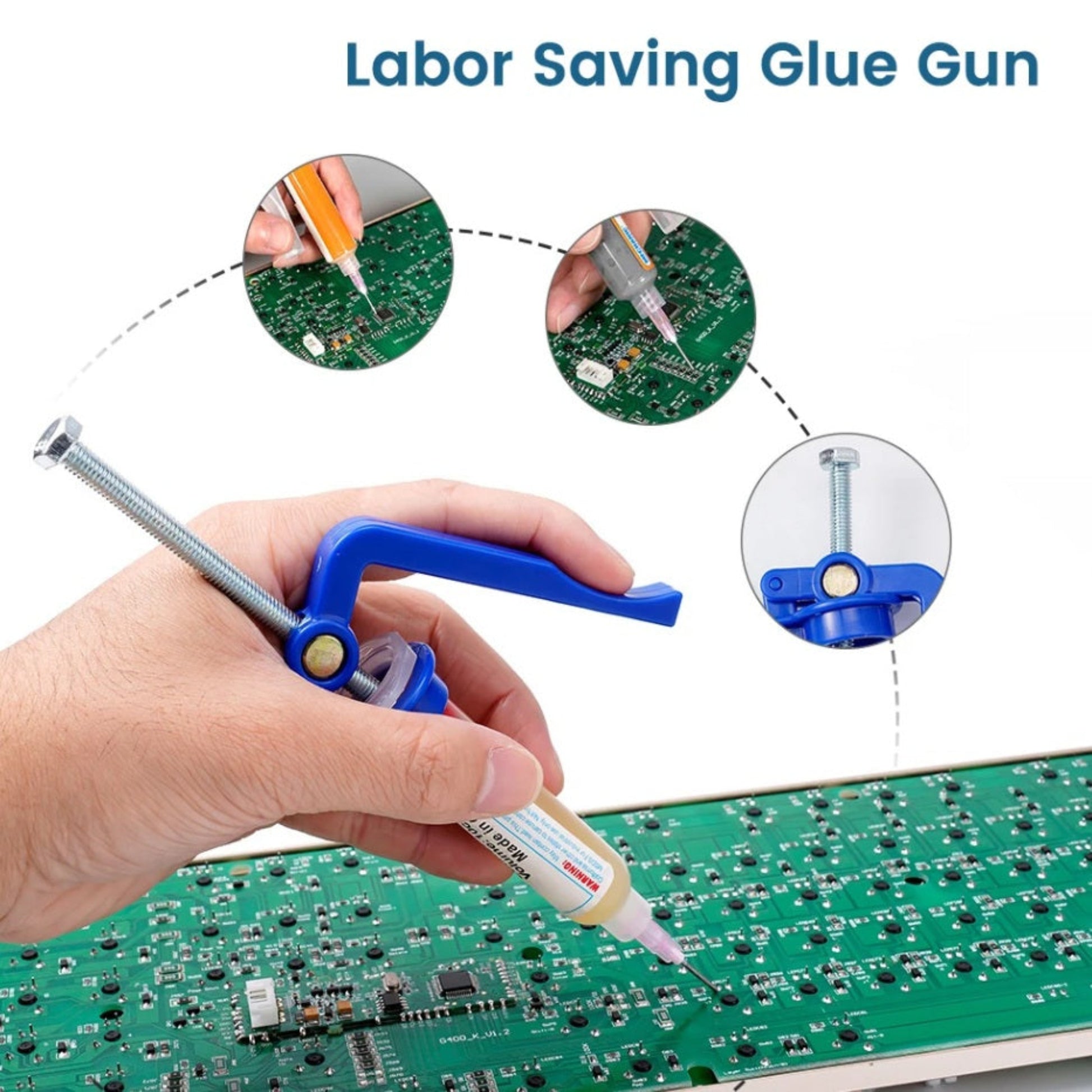 Hand holding a blue manual solder paste extruder gun applying flux to a green circuit board during repair.