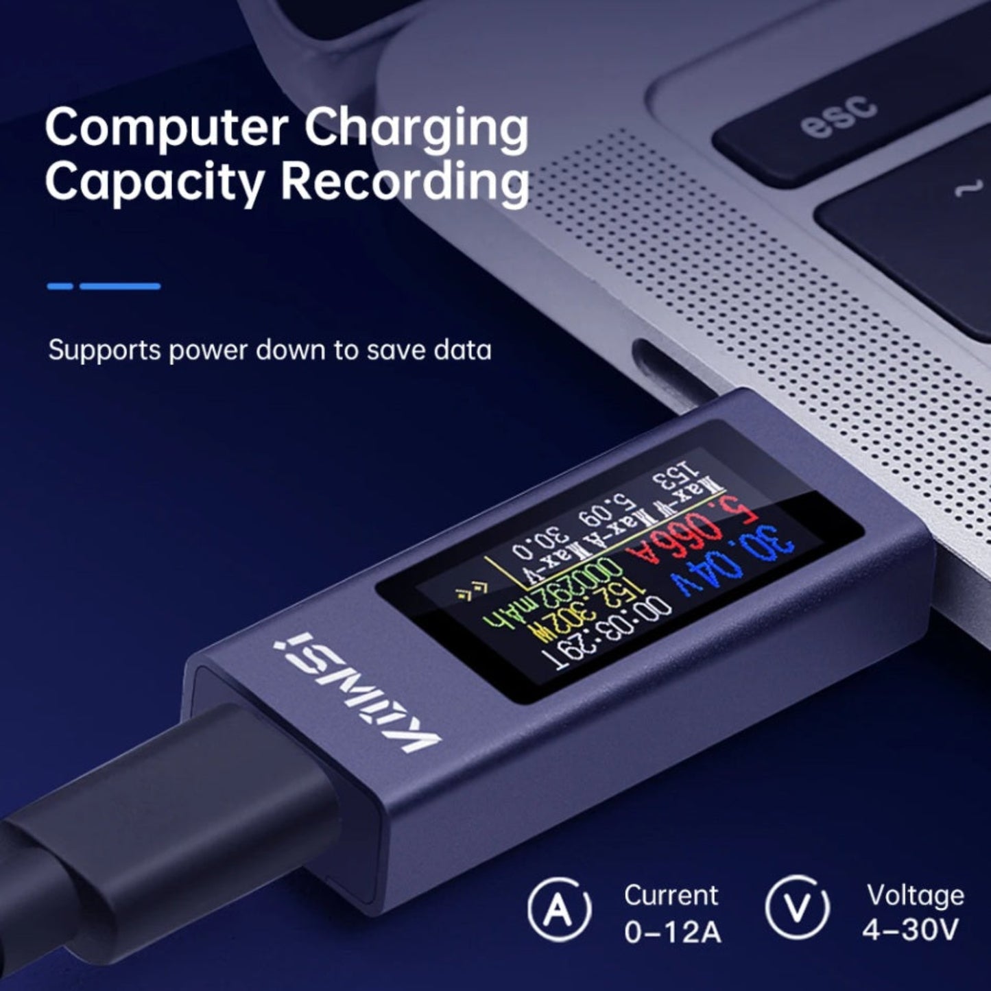KWS-2302C connected to a laptop recording charging capacity with power-down data save function.