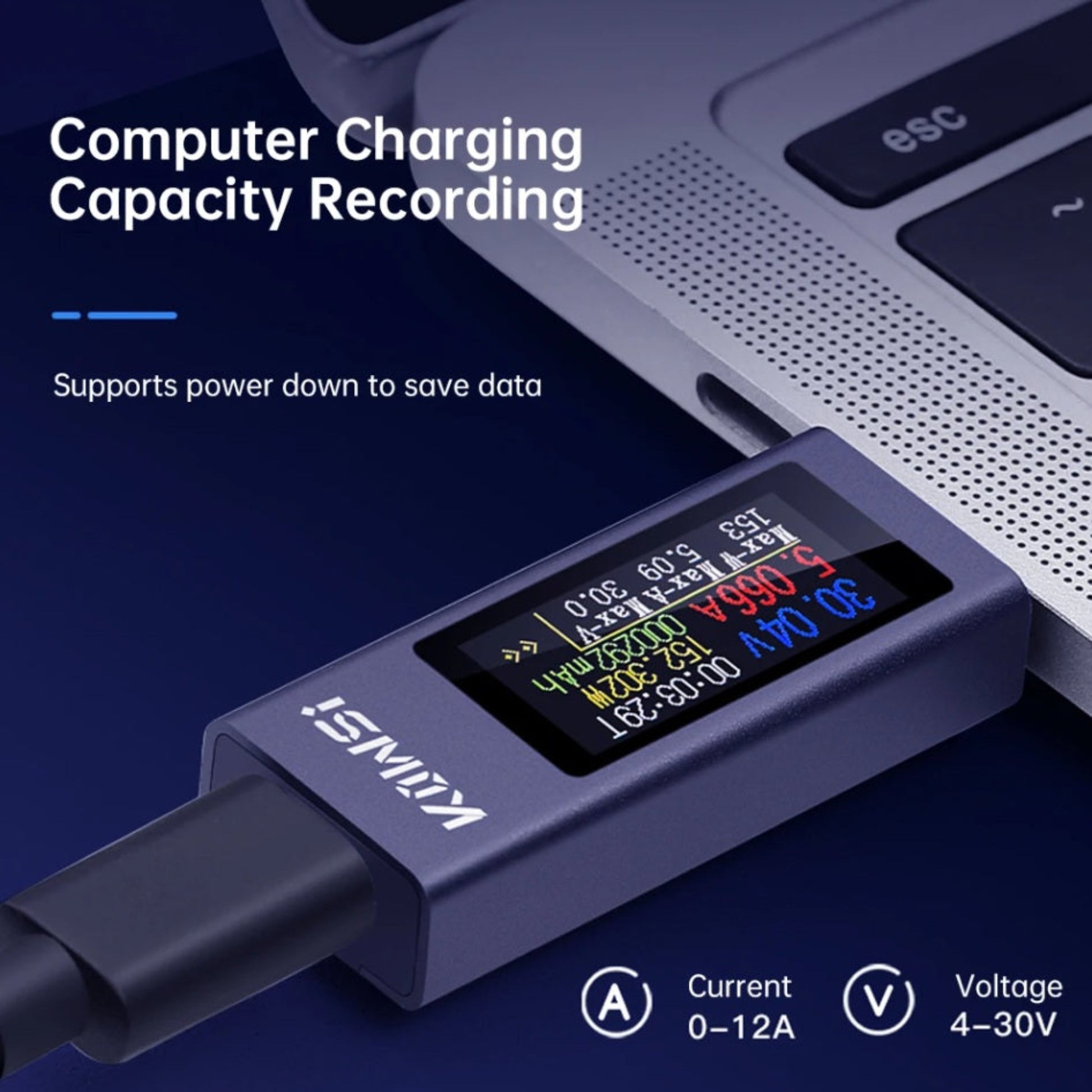 KWS-2302C connected to a laptop recording charging capacity with power-down data save function.