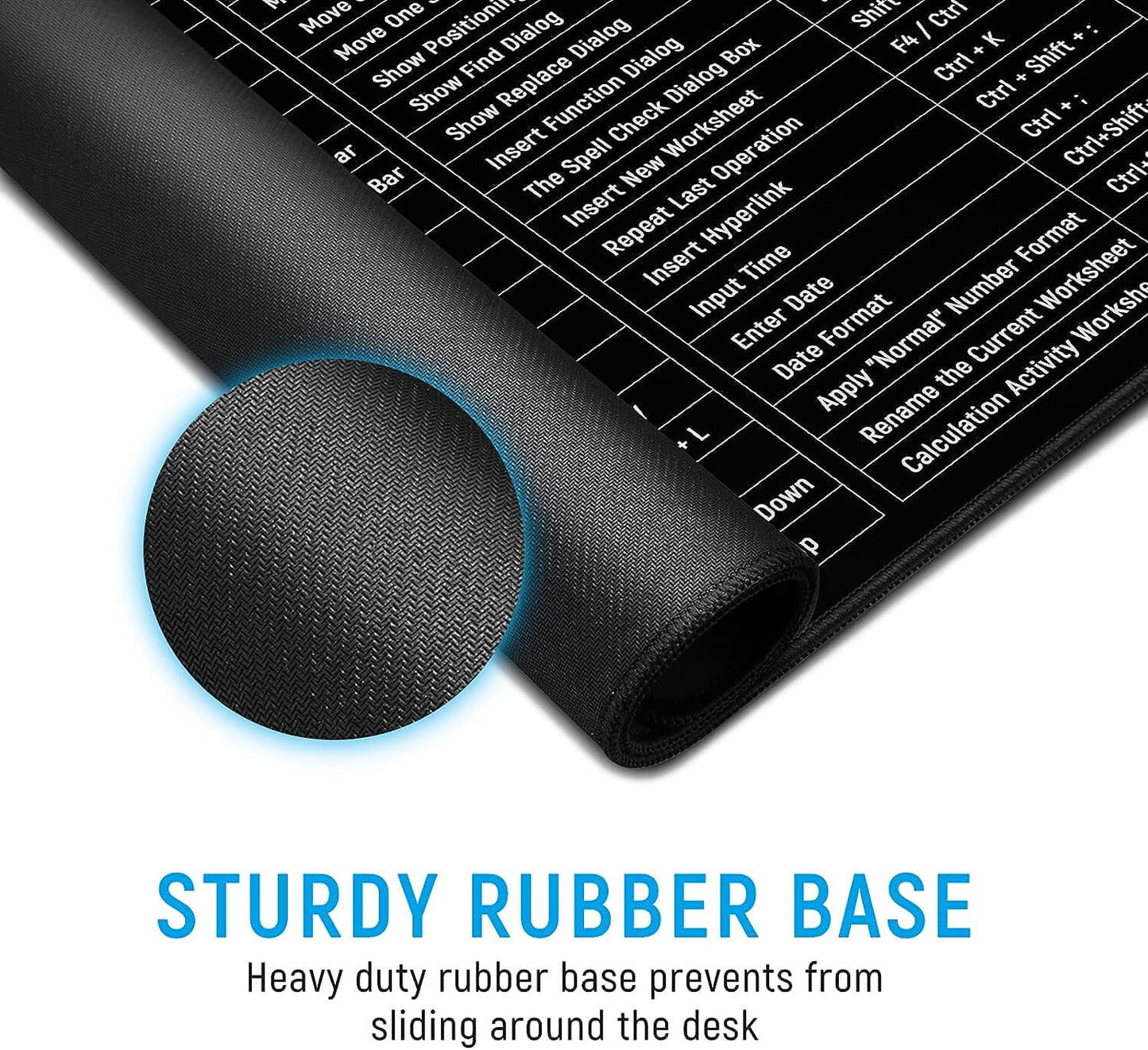 Large office shortcut mouse pad with sturdy rubber base for non-slip desk use providing easy access to keyboard shortcuts.