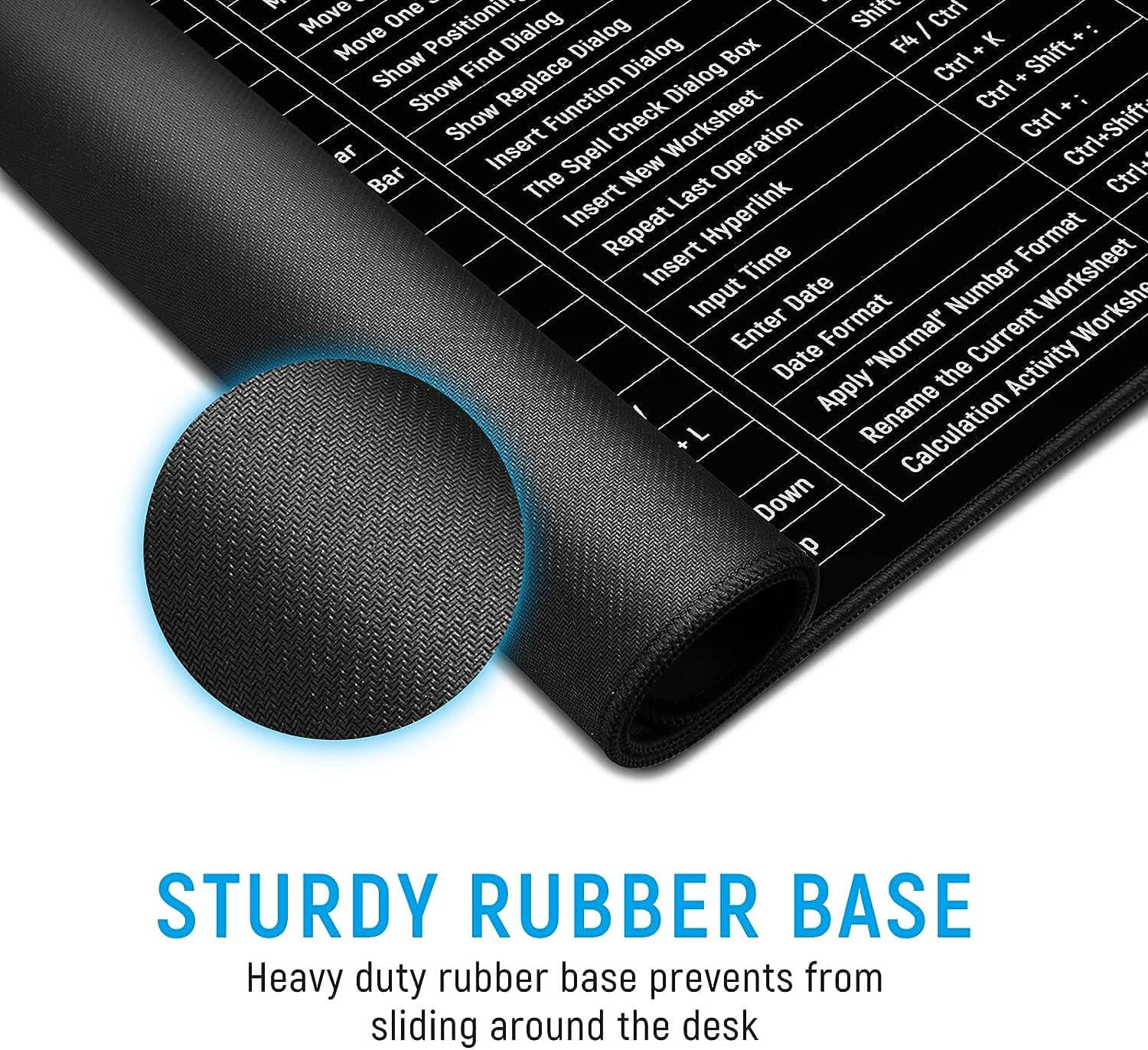 Large office shortcut mouse pad with sturdy rubber base for non-slip desk use providing easy access to keyboard shortcuts.