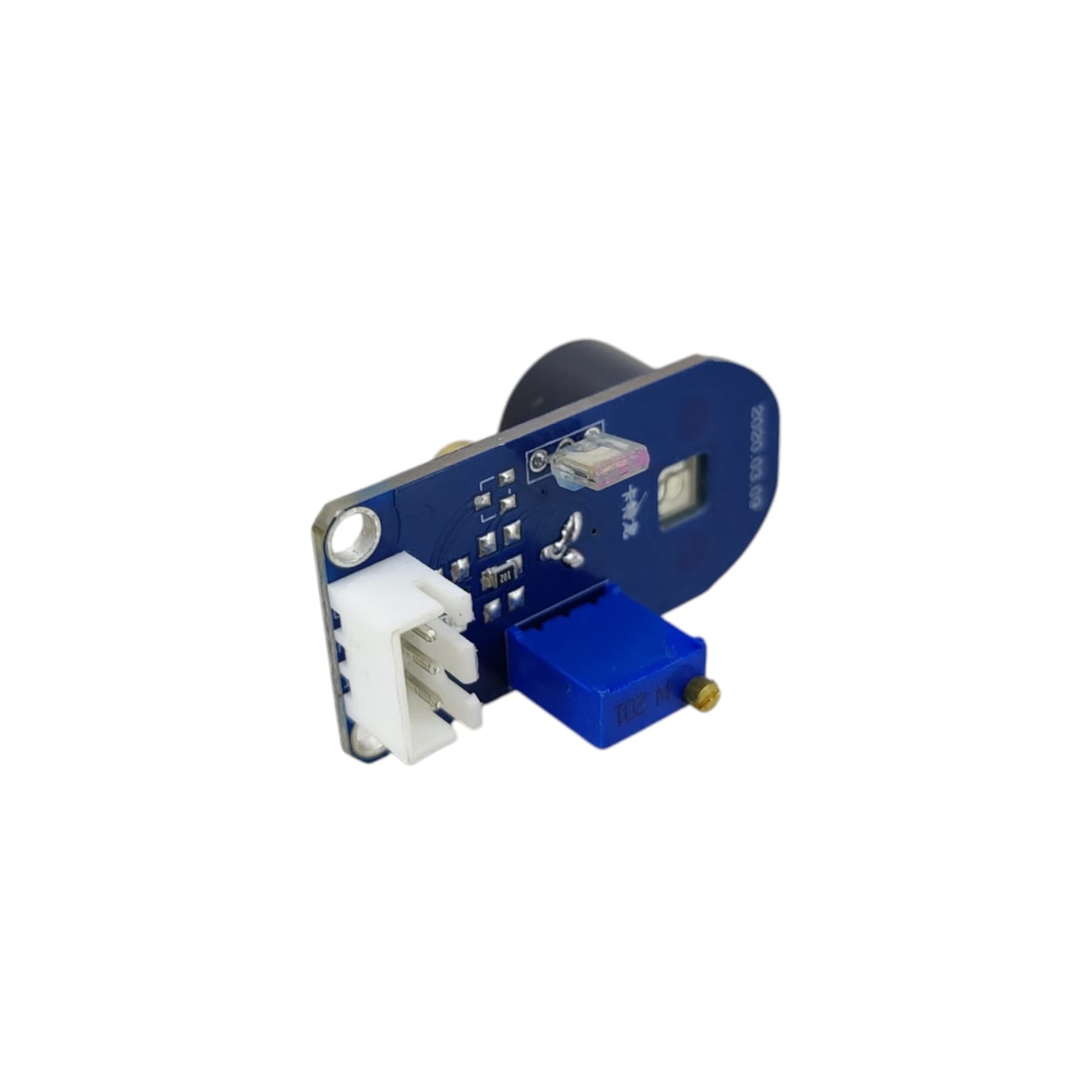 Angled view of laser sensor module highlighting 3-pin connector and blue potentiometer.
