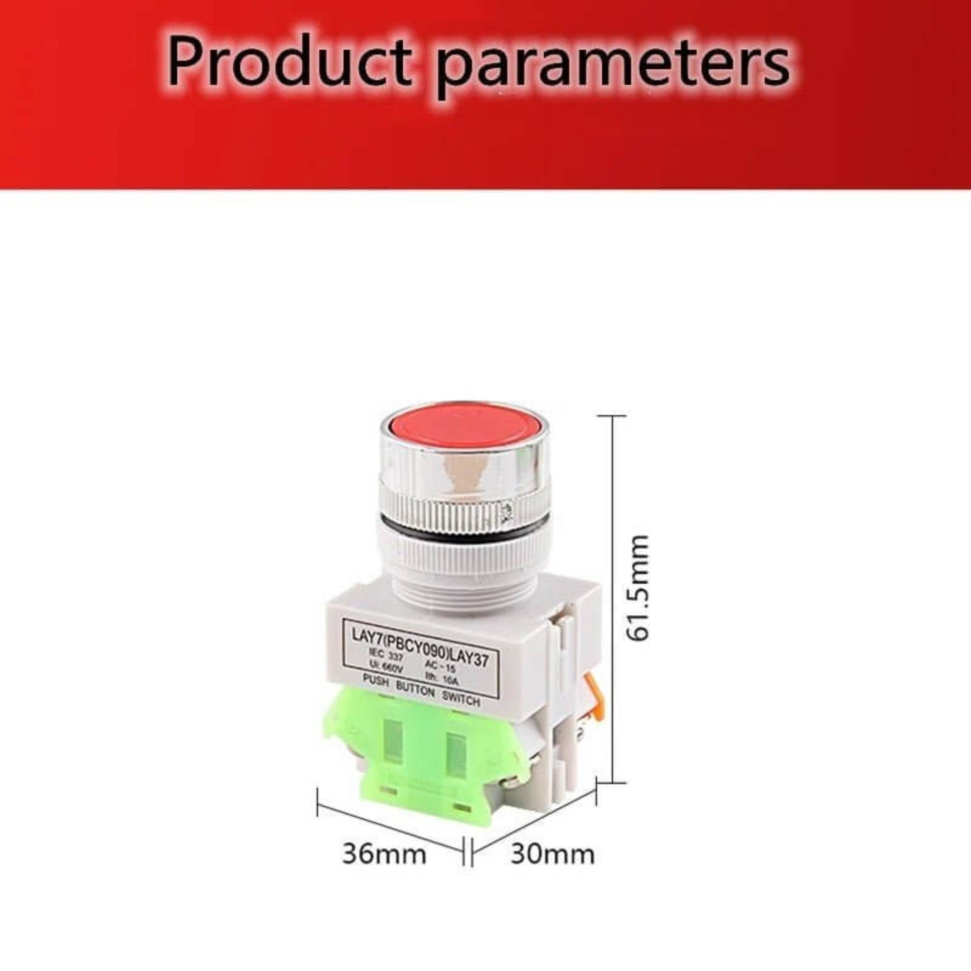 22mm round head self-lock push button switch dimensions, product parameters with red button, 36mm width and 61.5mm height.