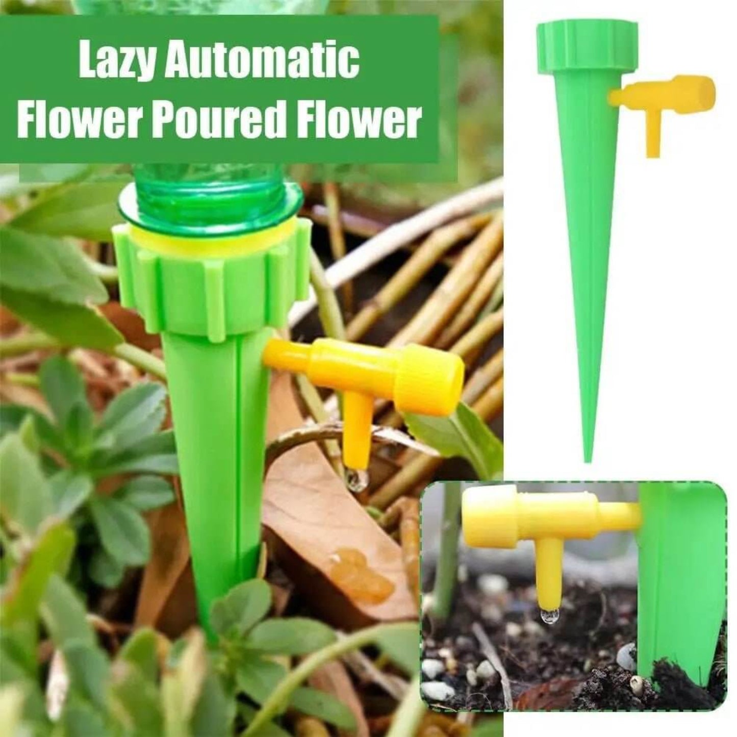 Automatic drip watering spike for plants, featuring adjustable flow control for efficient self-watering in gardens.