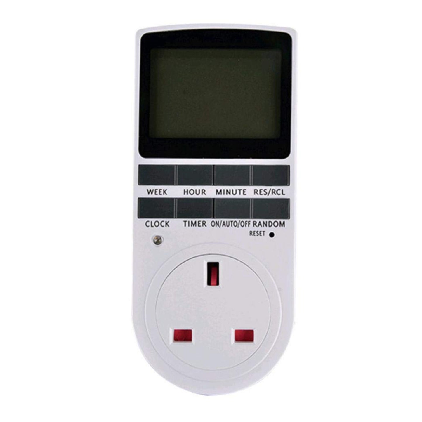 Close-up of the control buttons on the digital timer switch, including week, hour, minute, and random settings.