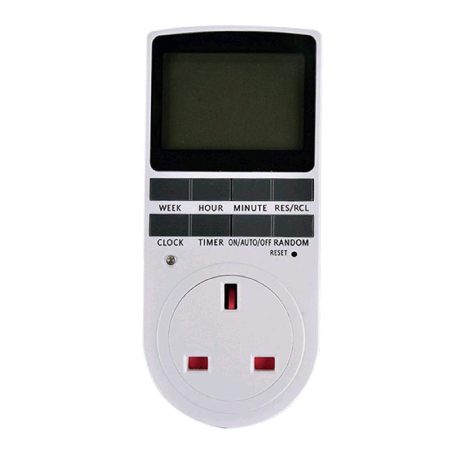 Close-up of the control buttons on the digital timer switch, including week, hour, minute, and random settings.