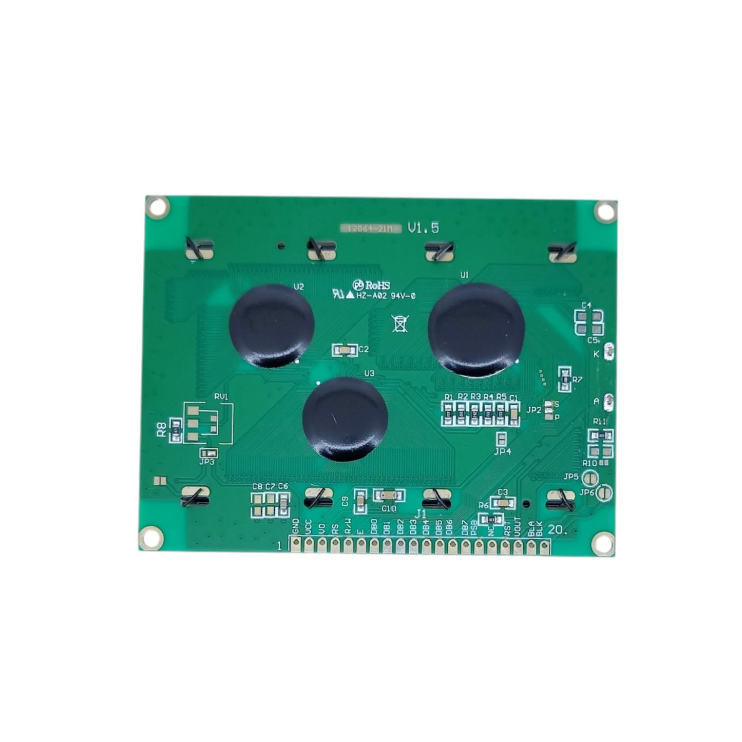 Rear view of 12864 LCD PCB showing circuit layout and contrast pot.