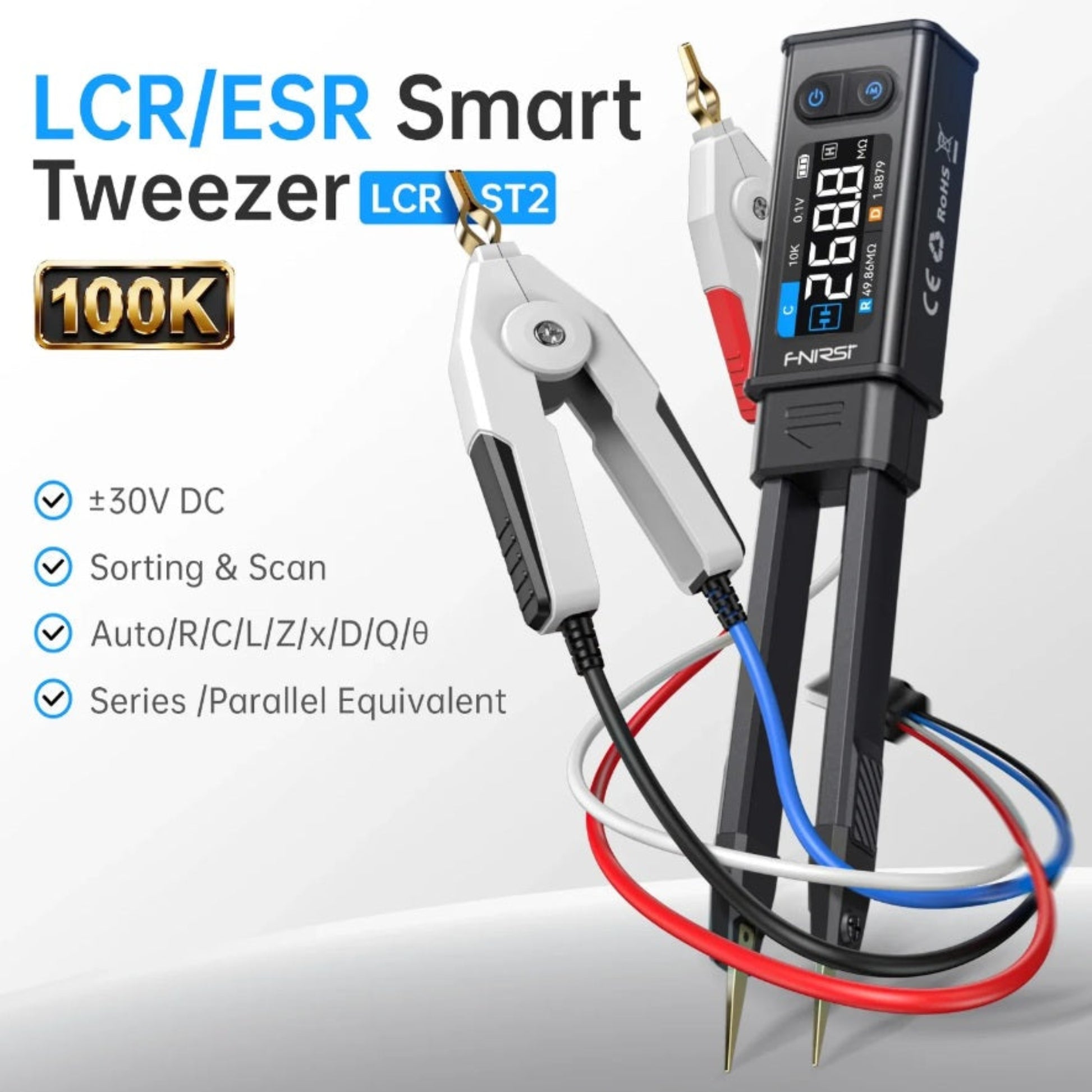 FNIRSI LCR-ST2 100kHz Smart Tweezer showing ESR, Auto Scan, and sorting features.