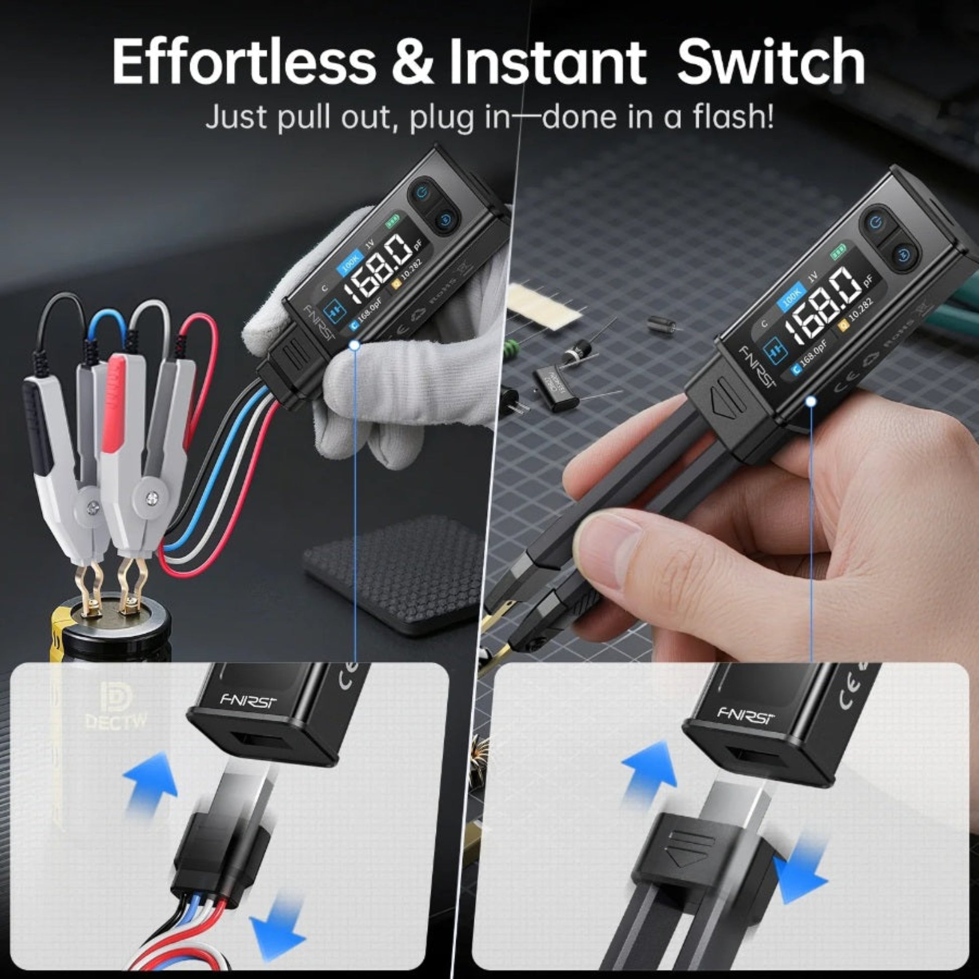 Plug-and-play design showing easy switching between tweezers and Kelvin test clips.