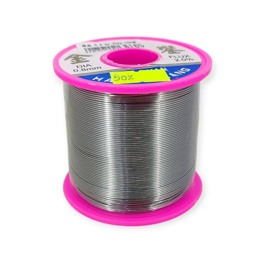 Front view of a 750g spool of leaded rosin core solder wire. The label shows a 50% tin content, 0.8mm diameter, and 2.0% flux specification.