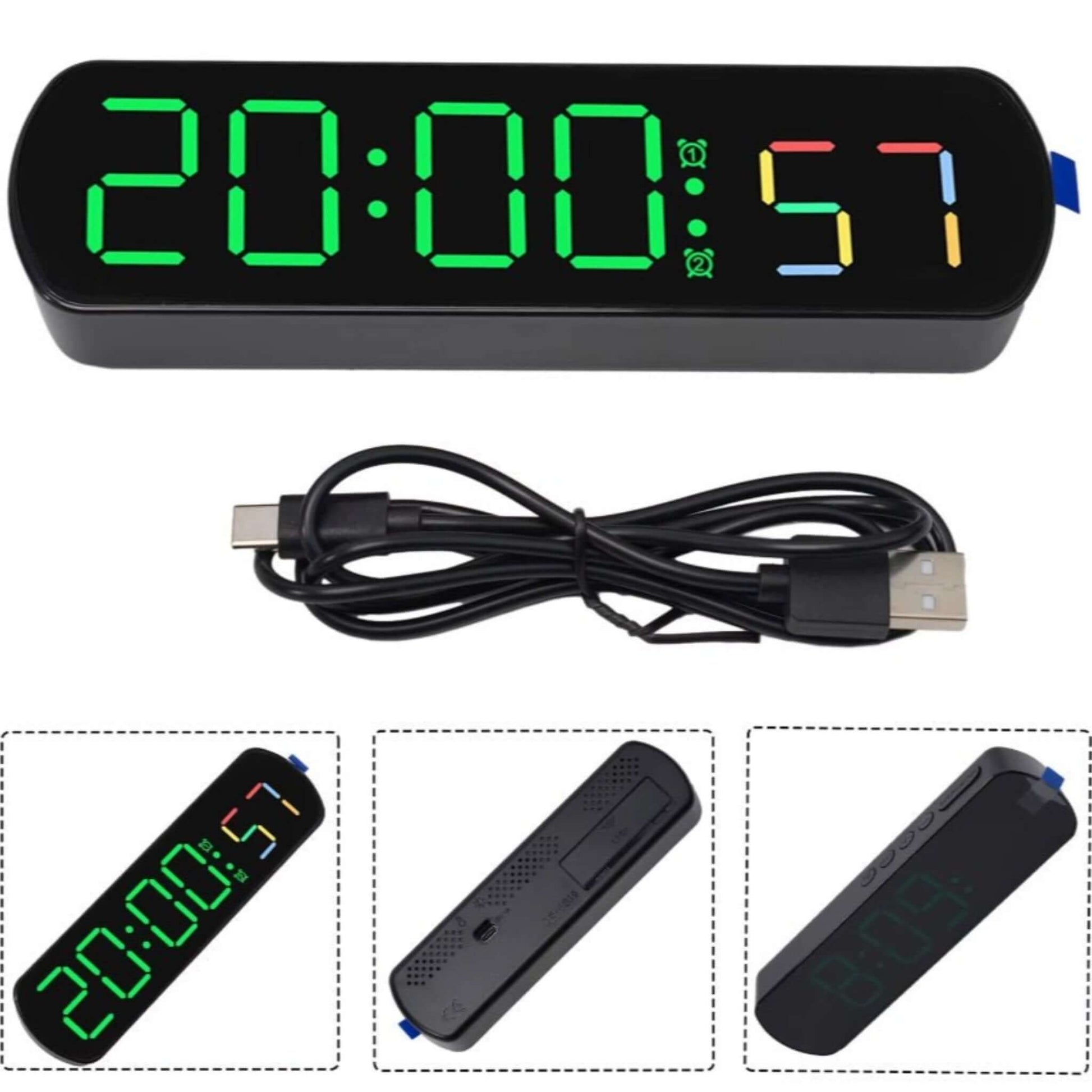 LED digital clock with green display, showing time and timer functions, includes USB power cable.