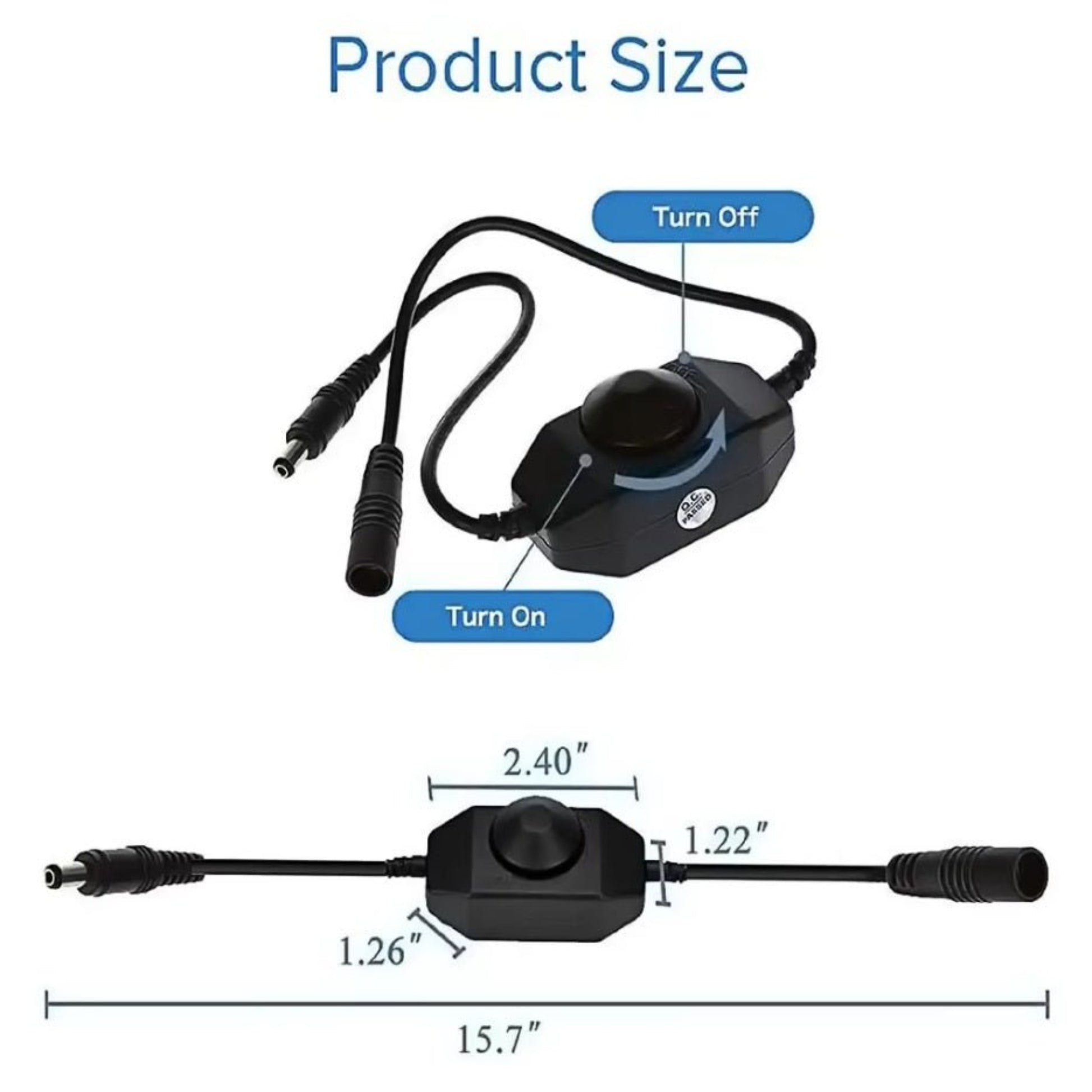 LED dimmer controller with knob switch, showing product size and connection details, dimensions labeled.