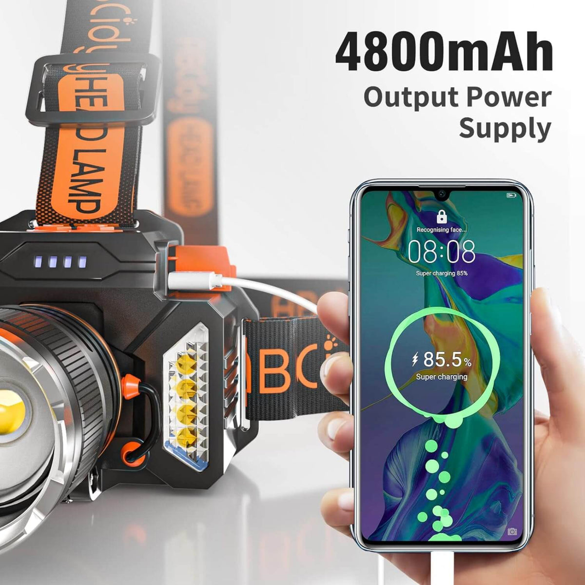 頭燈化身為 4800mAh 臨時流動充電池 (Power Bank)，透過 USB 輸出接口為智能手機進行緊急充電的示範。