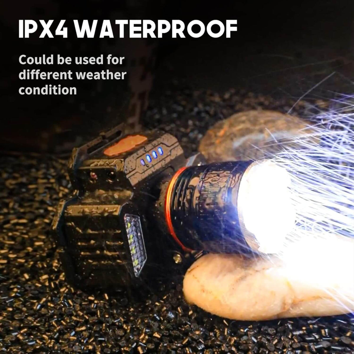 LED 頭燈的 IPX4 防水性能測試，展示其在水花飛濺下仍能正常發光，足以應付戶外多變的天氣狀況。