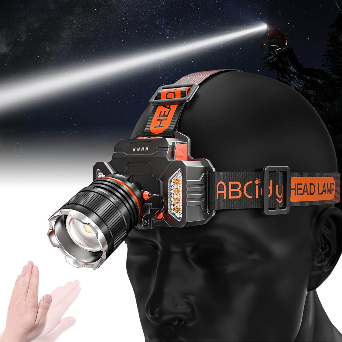 佩戴於模特兒頭上的 LED 頭燈，展示揮手即亮的動作感應功能，適合行山、露營及維修時免提操作。