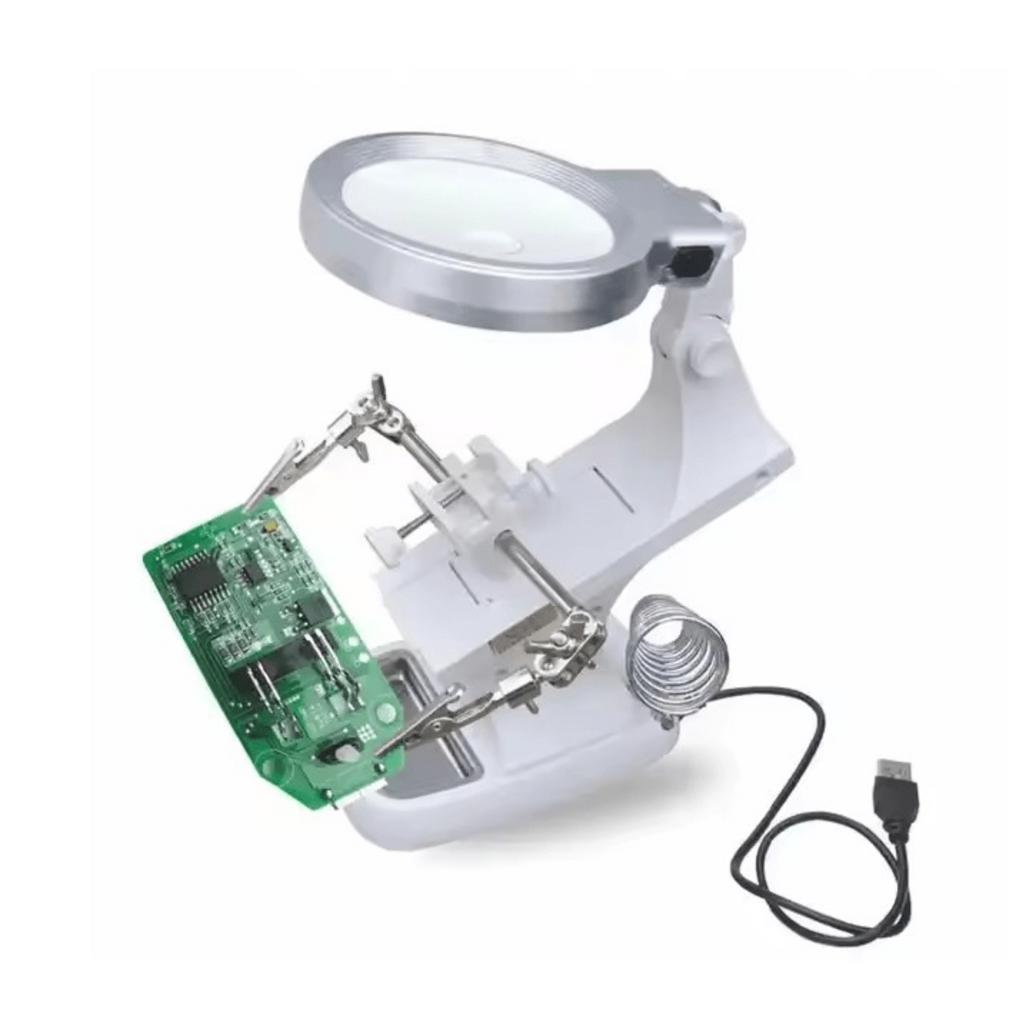 Multifunctional welding magnifier with LED for PCB soldering and model making, featuring adjustable clamps and USB light.