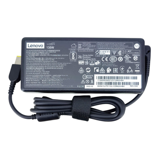 Lenovo 135W AC adapter label showing 20V 6.75A output, model ADL135NLC3A, and safety certifications.