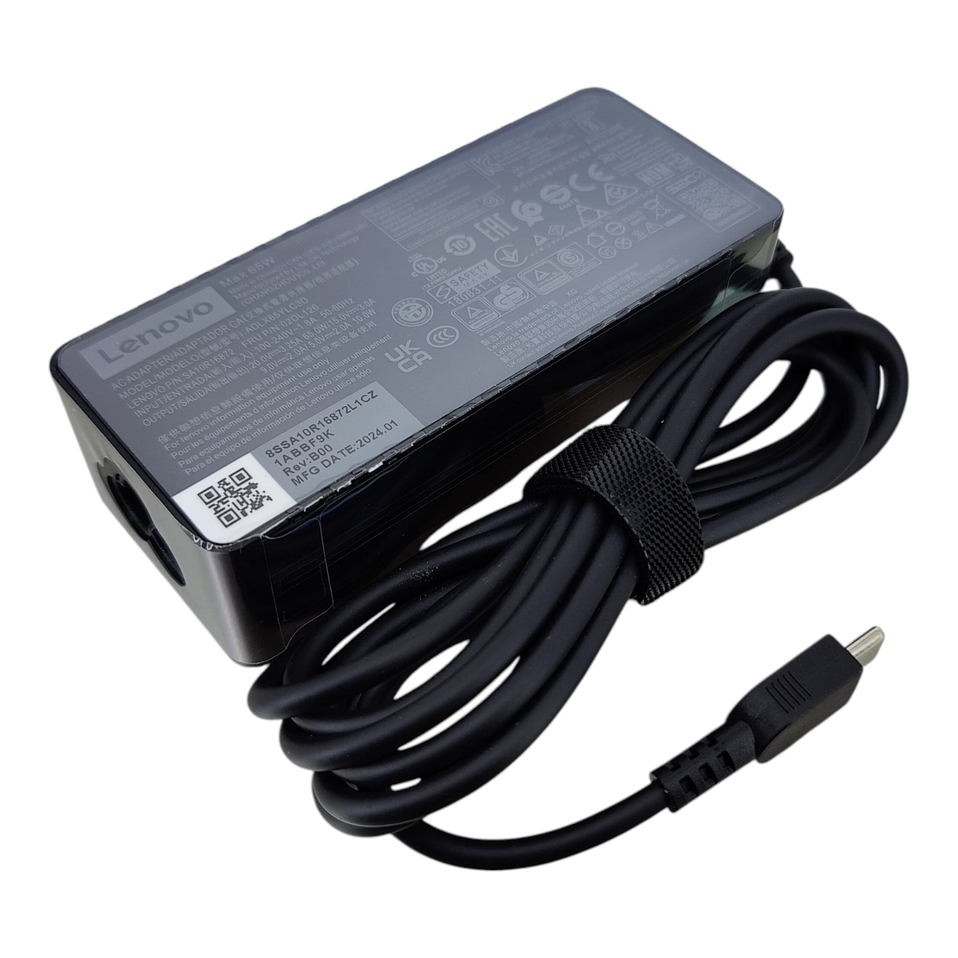 Lenovo 65W USB-C AC adapter for ThinkPad and Yoga laptops, featuring a durable black casing and integrated cable.