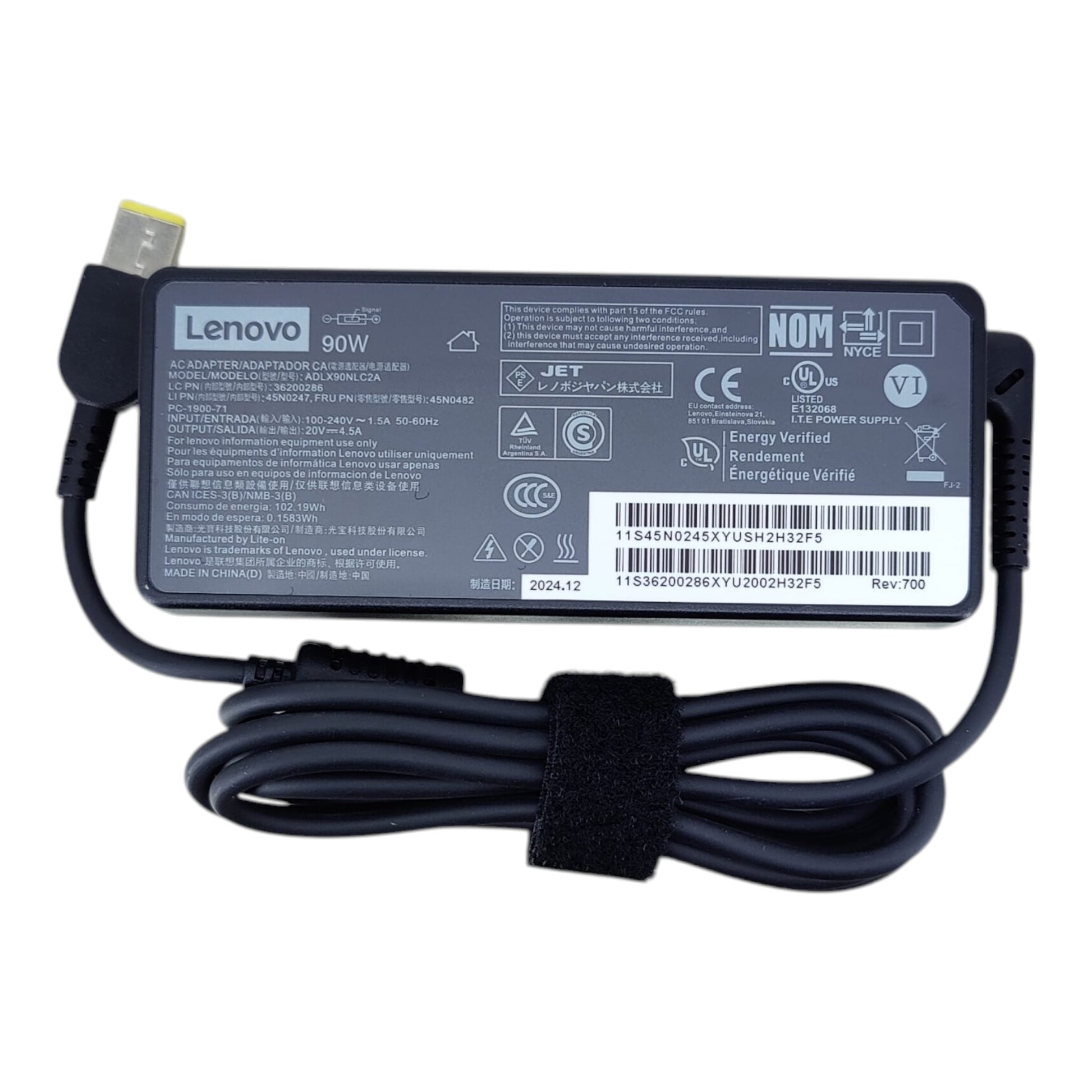 Lenovo 90W 20V 4.5A 手提電腦火牛 (Slim Tip 黃色方口插頭)，型號 ADLX90NLC2A。