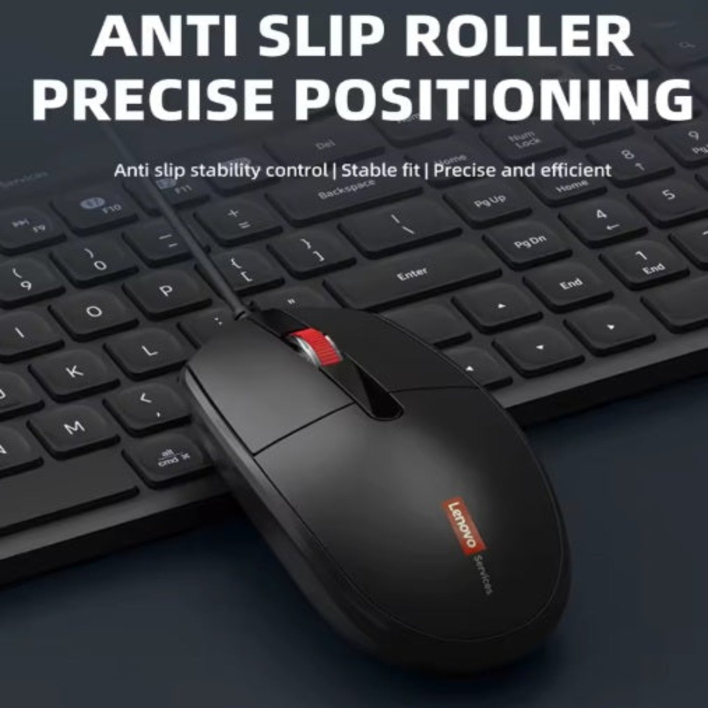 Lenovo M280 mouse next to keyboard showing anti-slip roller and ergonomic shape