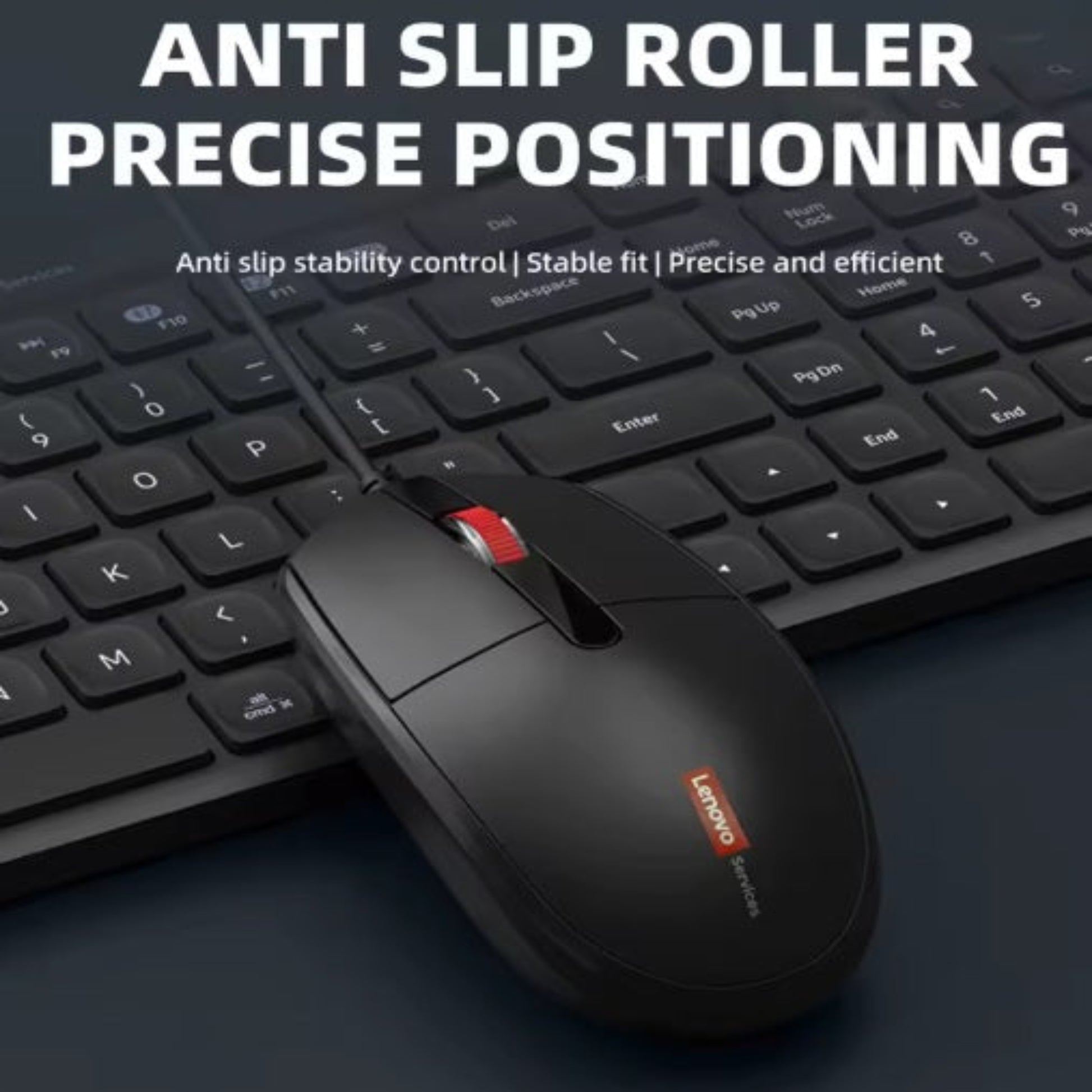 Lenovo M280 mouse next to keyboard showing anti-slip roller and ergonomic shape