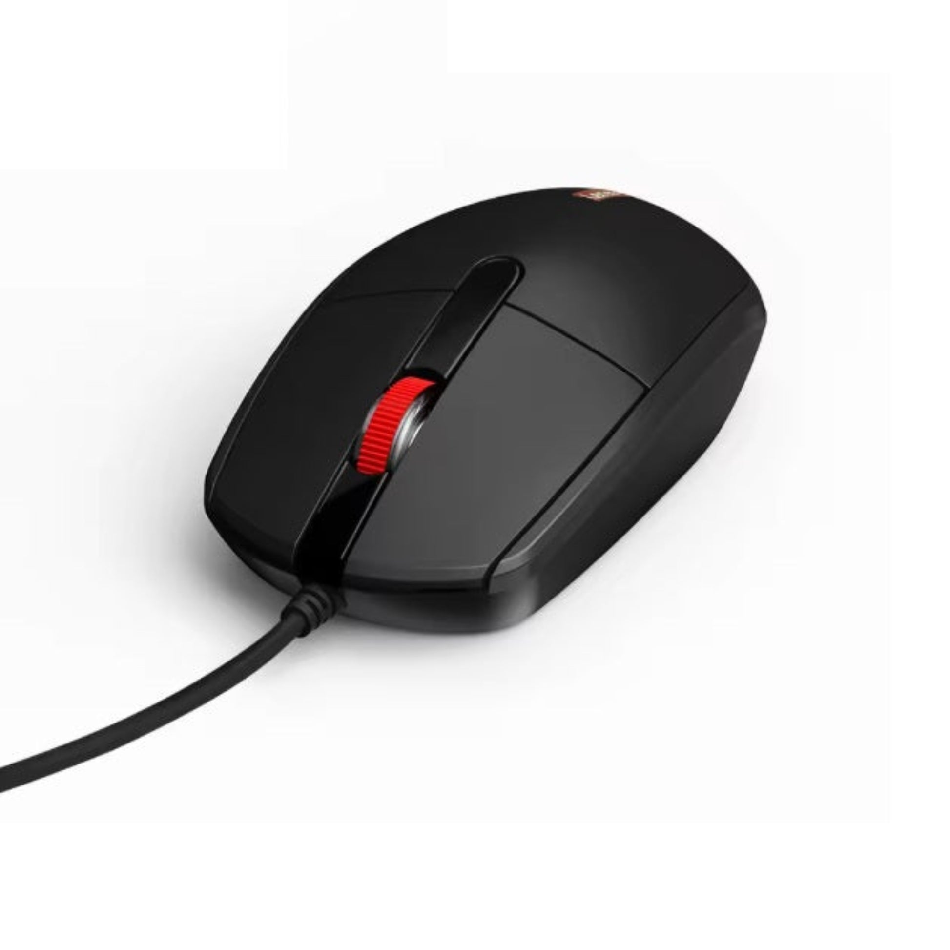 Lenovo M280 wired mouse front view showing black body and red scroll wheel