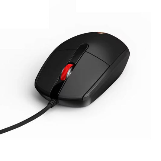 Lenovo M280 wired mouse front view showing black body and red scroll wheel