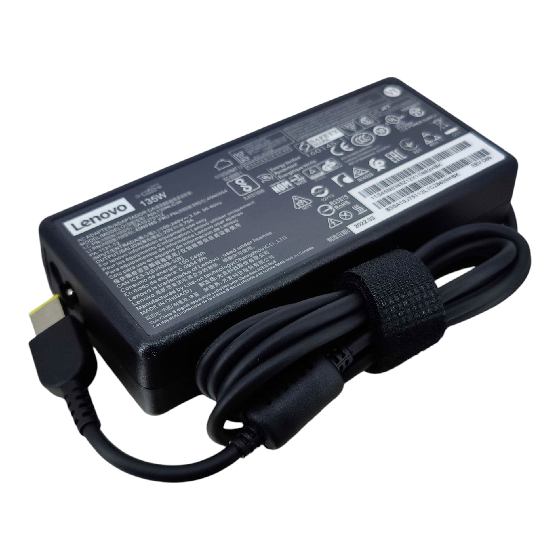 Angled view of a Lenovo 135W OEM charger for ThinkPad and Legion laptops with attached DC cable and velcro strap.